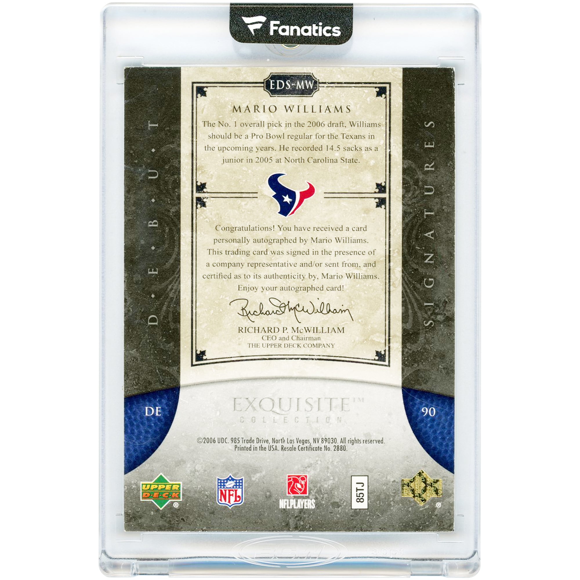 Mario Williams Houston Texans Autographed 2006 Upper Deck Exquisite Collection Debut Signatures #EDS-MW #22/35 Rookie Card