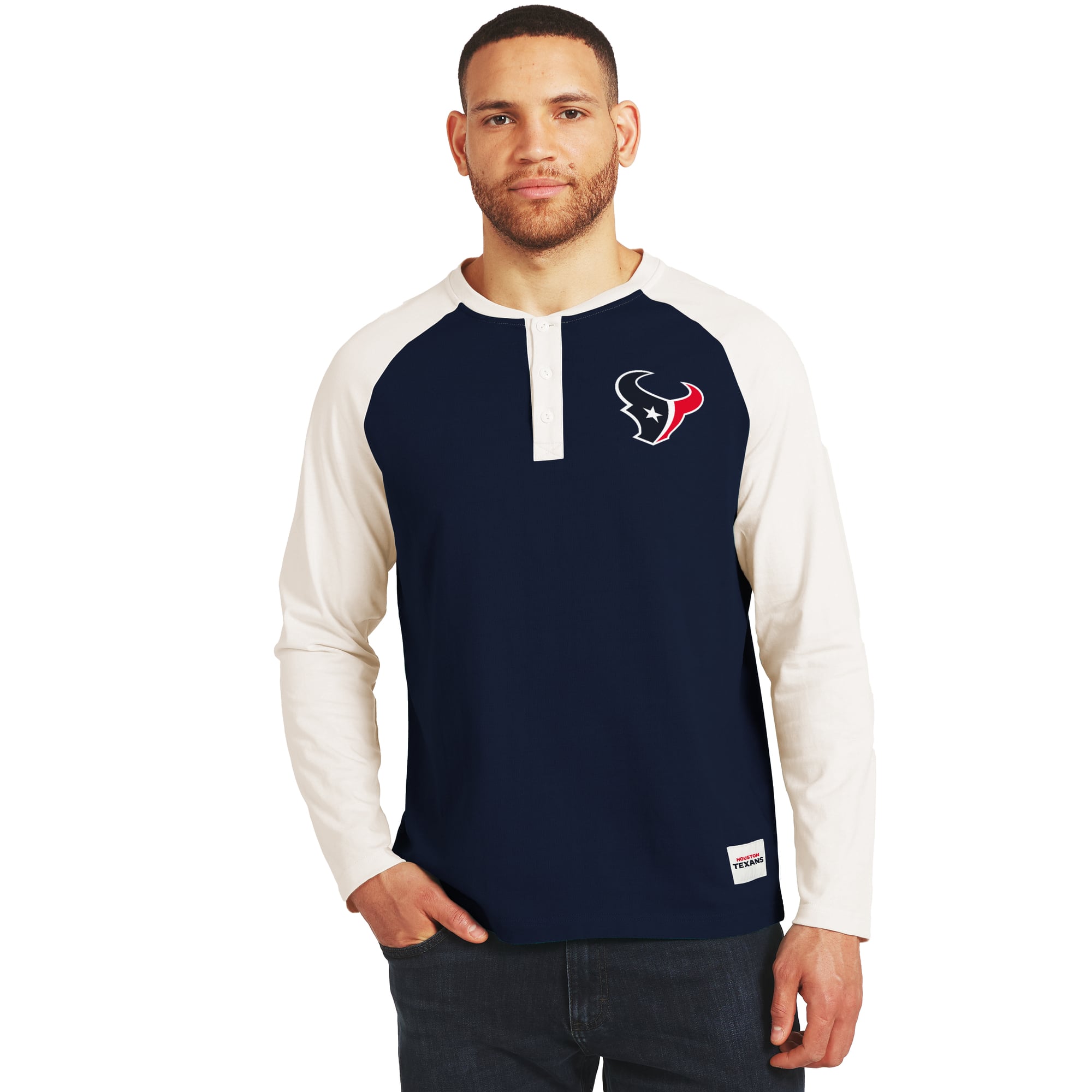 T-shirt à manches longues Henley bleu marine/crème Houston Texans de la collection Darius Rucker pour homme par Fanatics