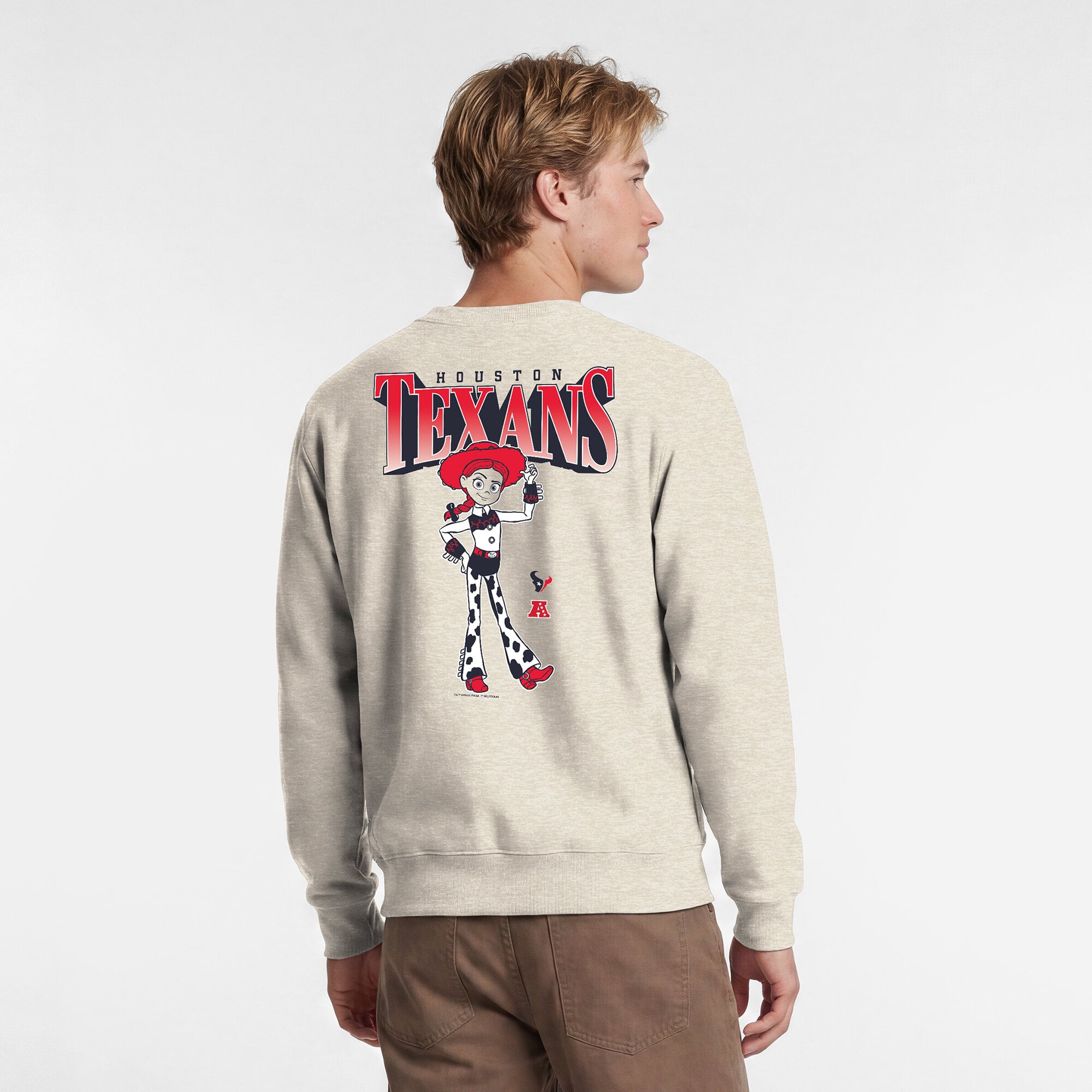 Men's Disney x Champion  Oatmeal Houston Texans Powerblend Left Chest Fullback Crew Sweatshirt
