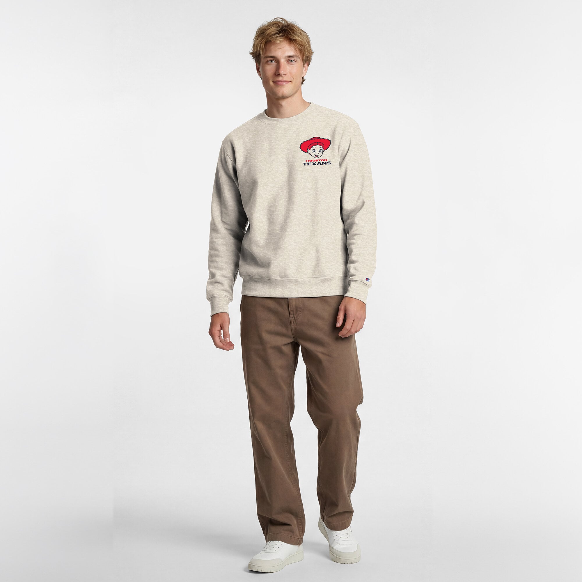 Men's Disney x Champion  Oatmeal Houston Texans Powerblend Left Chest Fullback Crew Sweatshirt