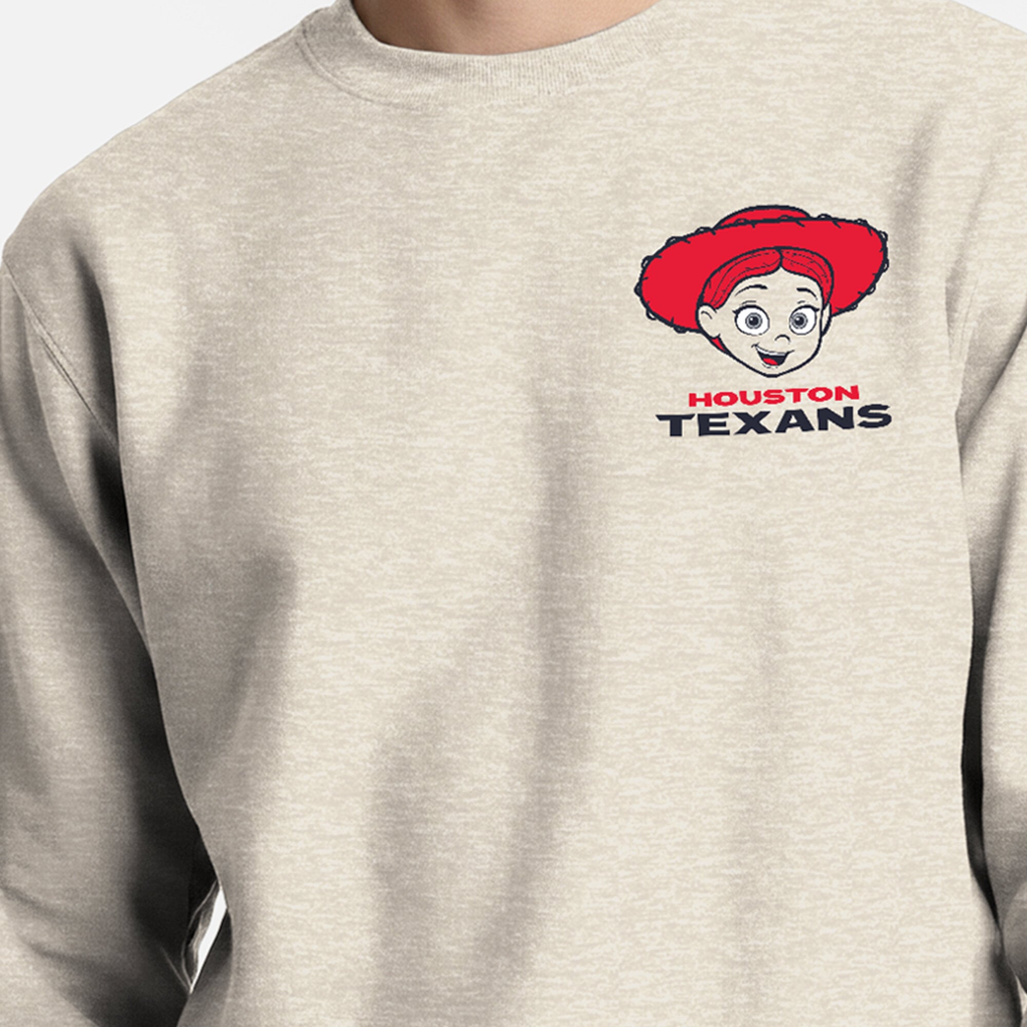 Men's Disney x Champion  Oatmeal Houston Texans Powerblend Left Chest Fullback Crew Sweatshirt