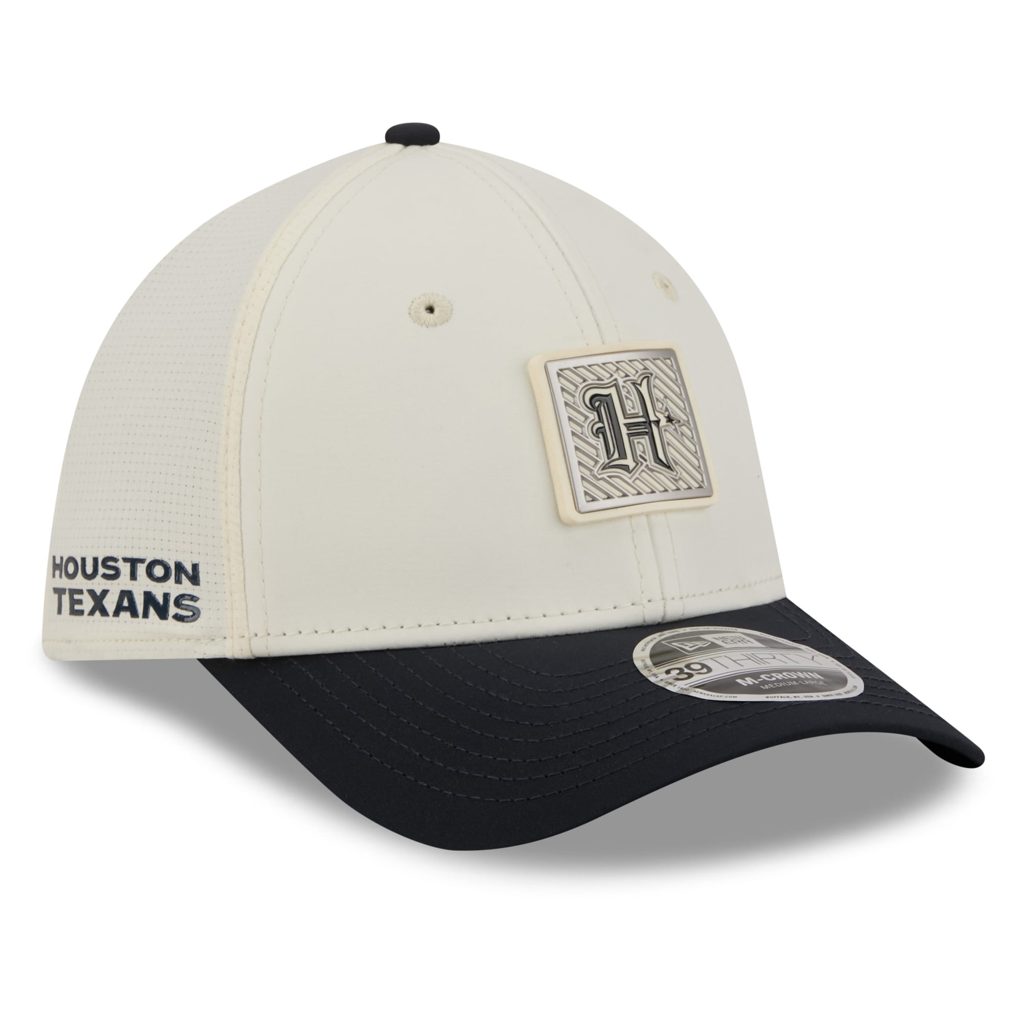 Casquette New Era Flex crème/marine pour homme, Houston Texans, camp d'entraînement NFL 2026, modèle 39THIRTY