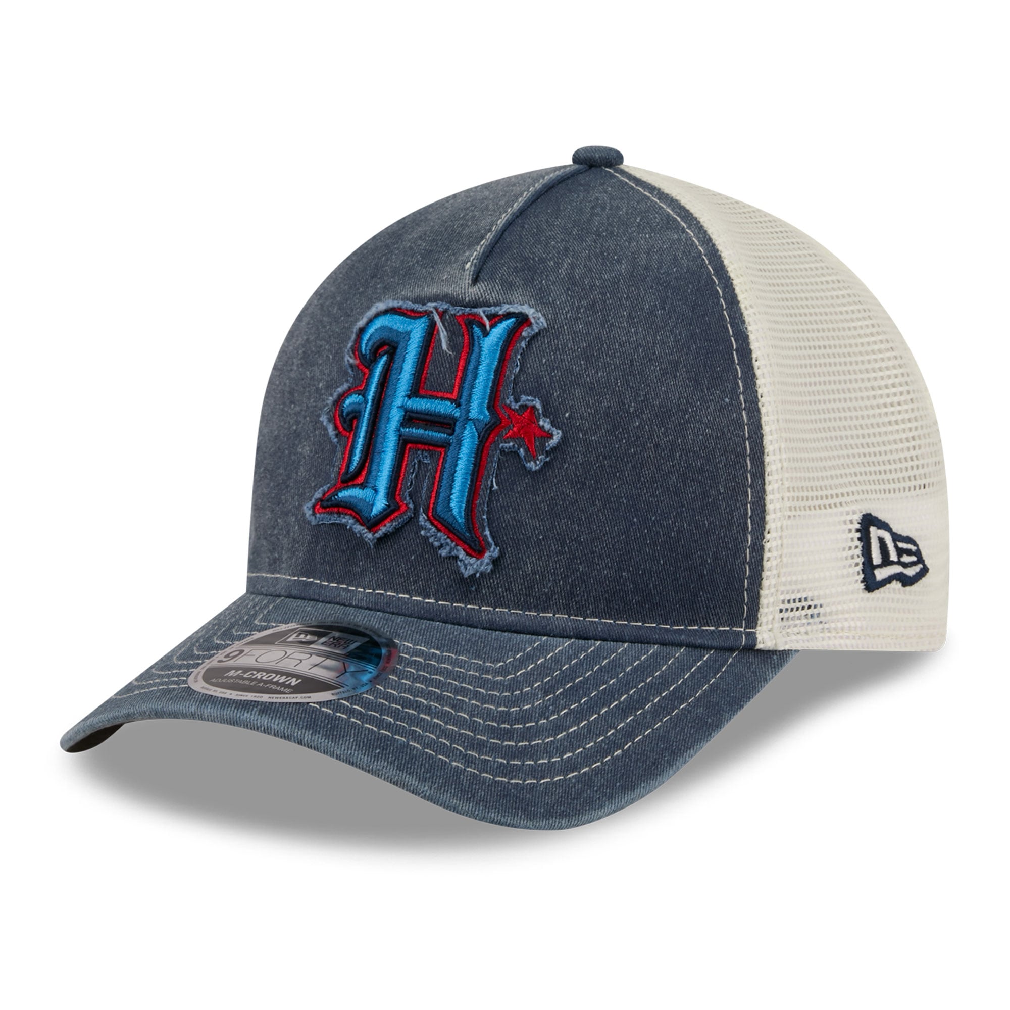 Casquette trucker ajustable New Era bleu marine pour homme, modèle 9FORTY, aux couleurs des Houston Texans.