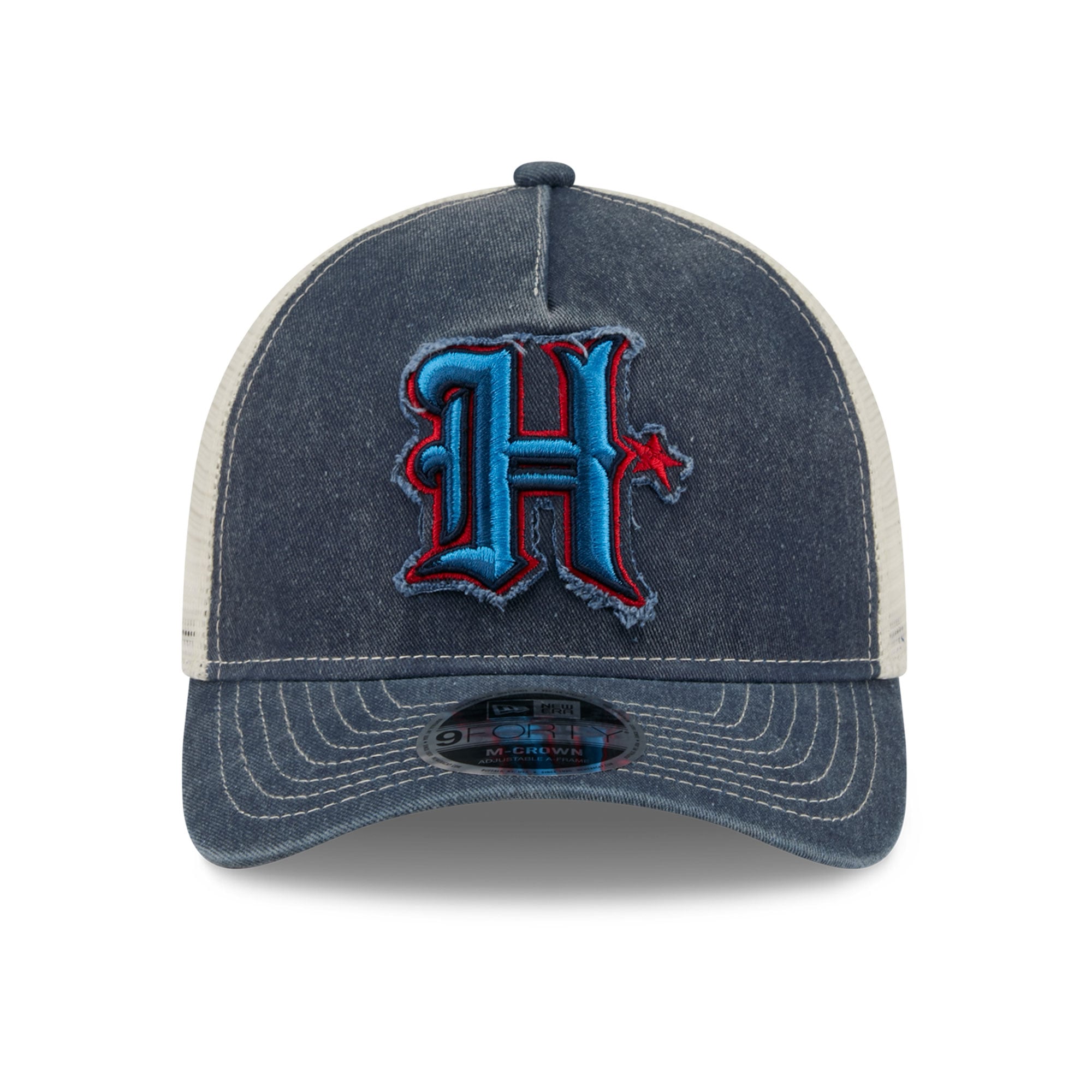 Casquette trucker ajustable New Era bleu marine pour homme, modèle 9FORTY, aux couleurs des Houston Texans.
