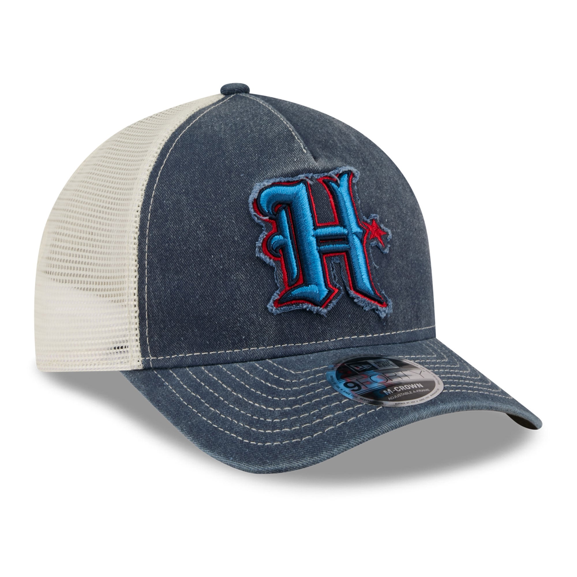 Casquette trucker ajustable New Era bleu marine pour homme, modèle 9FORTY, aux couleurs des Houston Texans.