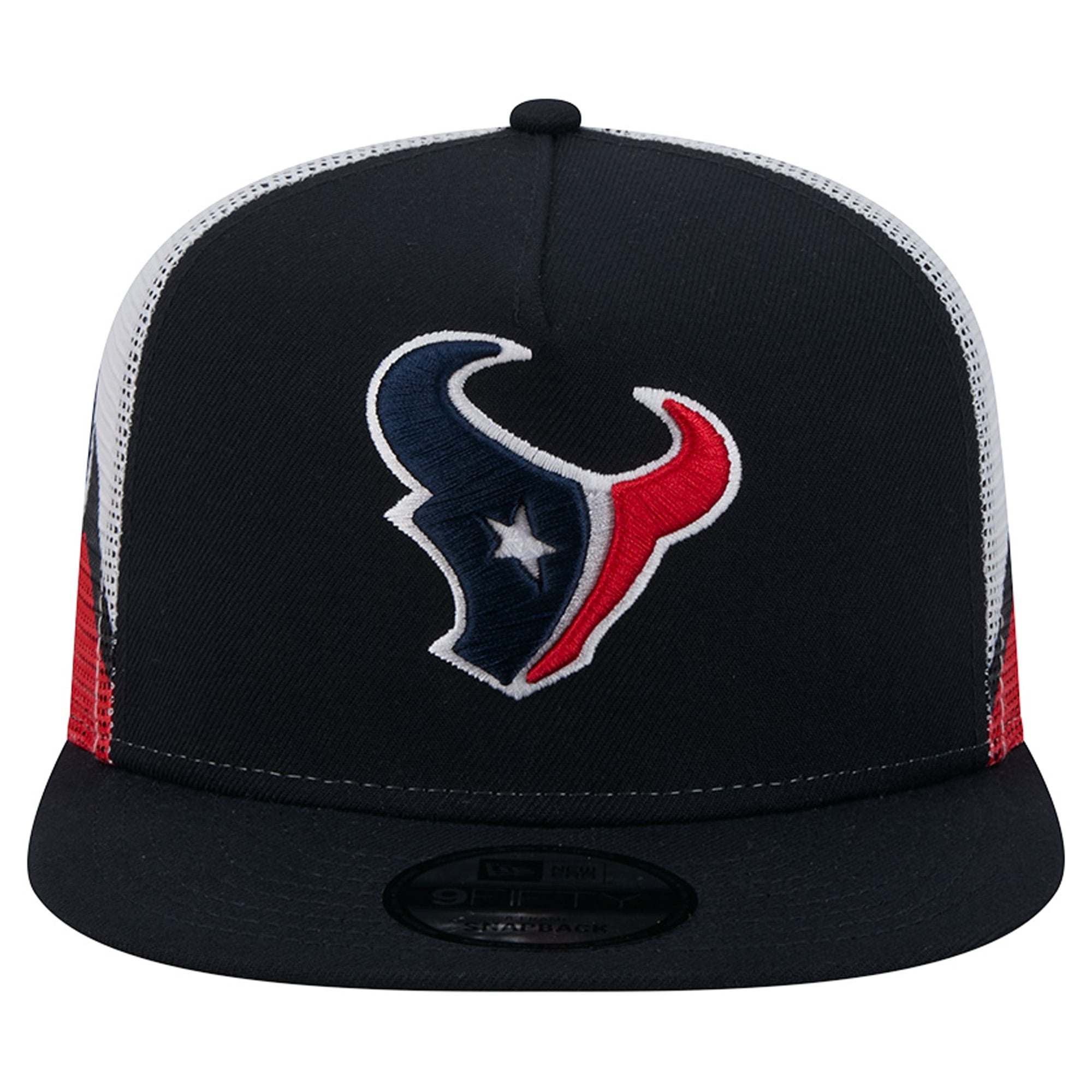 Casquette trucker New Era 9FIFTY Snapback pour homme, bleu marine/rouge, Houston Texans, maille, style A-Frame.