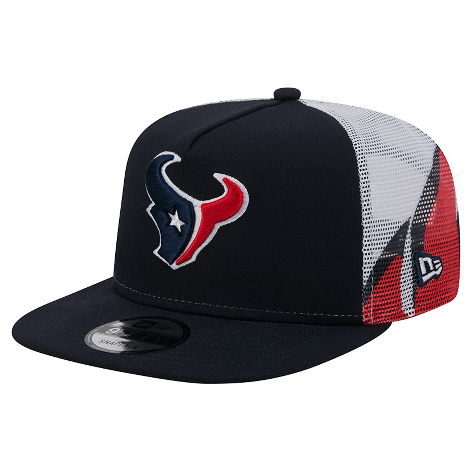 Casquette trucker New Era 9FIFTY Snapback pour homme, bleu marine/rouge, Houston Texans, maille, style A-Frame.