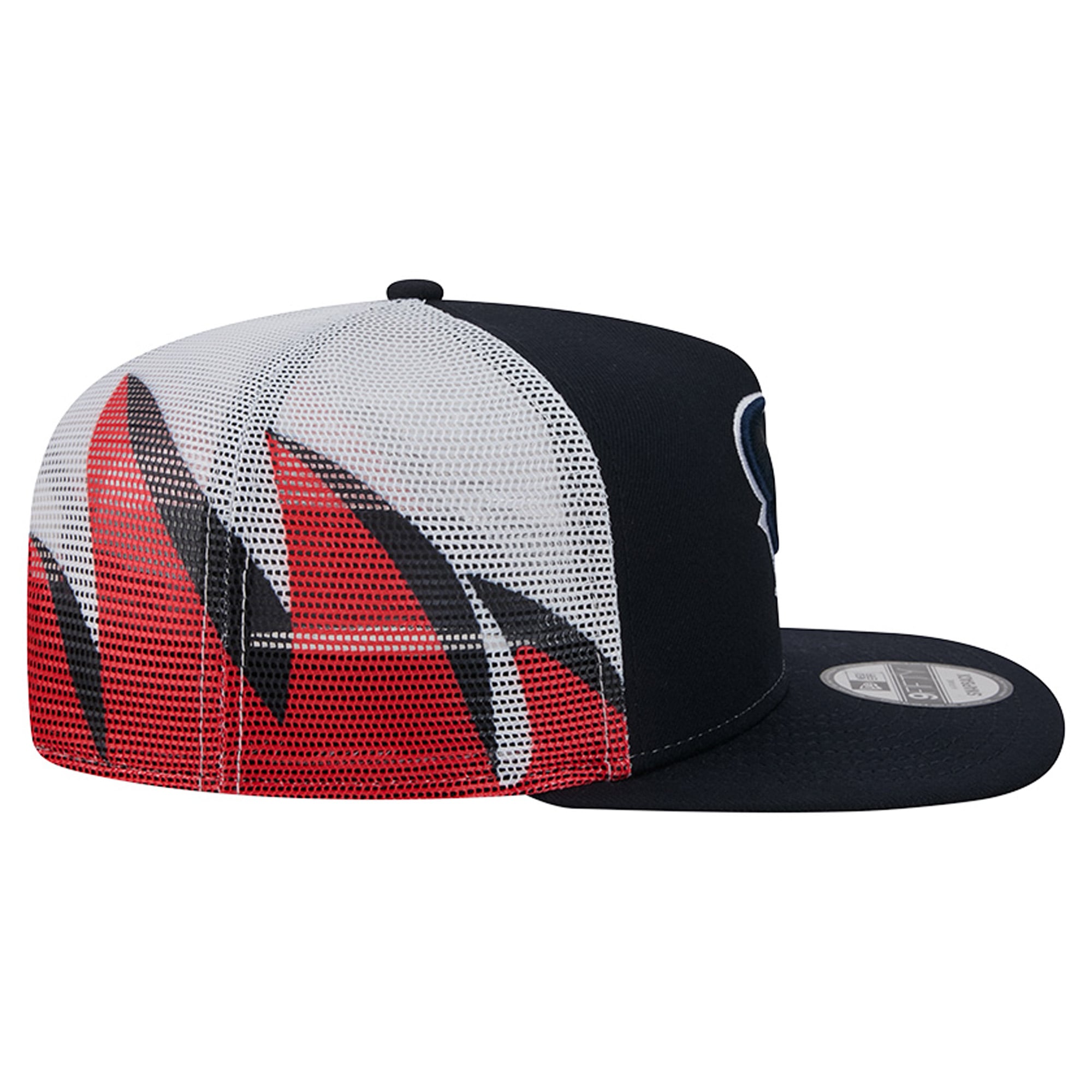 Casquette trucker New Era 9FIFTY Snapback pour homme, bleu marine/rouge, Houston Texans, maille, style A-Frame.