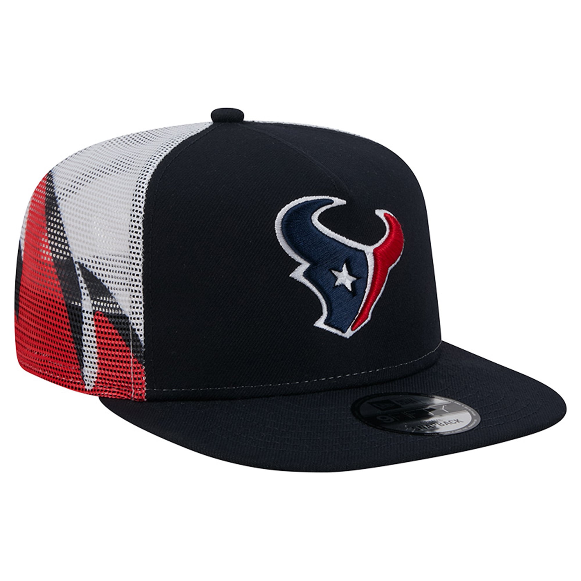 Casquette trucker New Era 9FIFTY Snapback pour homme, bleu marine/rouge, Houston Texans, maille, style A-Frame.