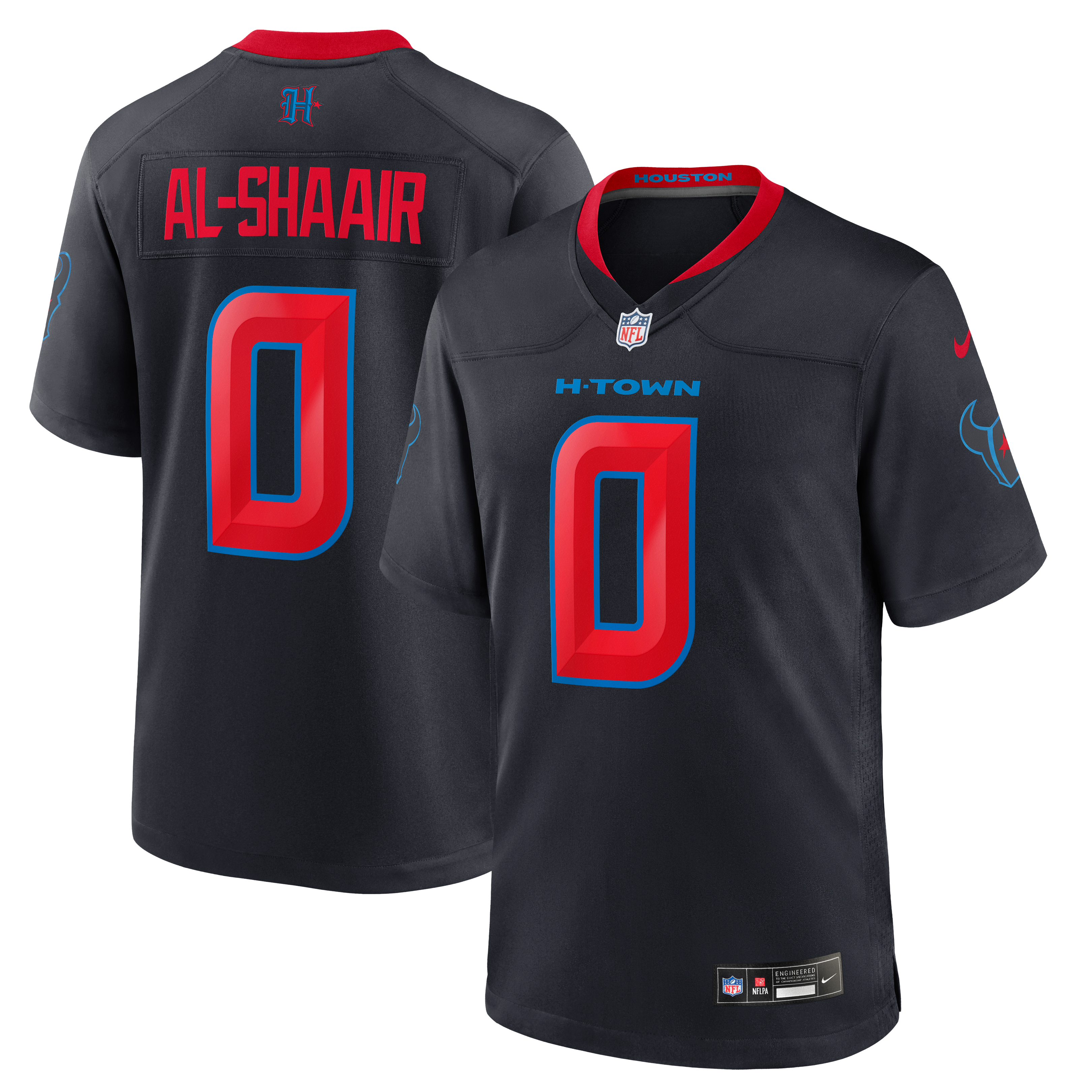 Maillot de match alternatif Nike Azeez Al-Shaair bleu marine des Houston Texans pour homme