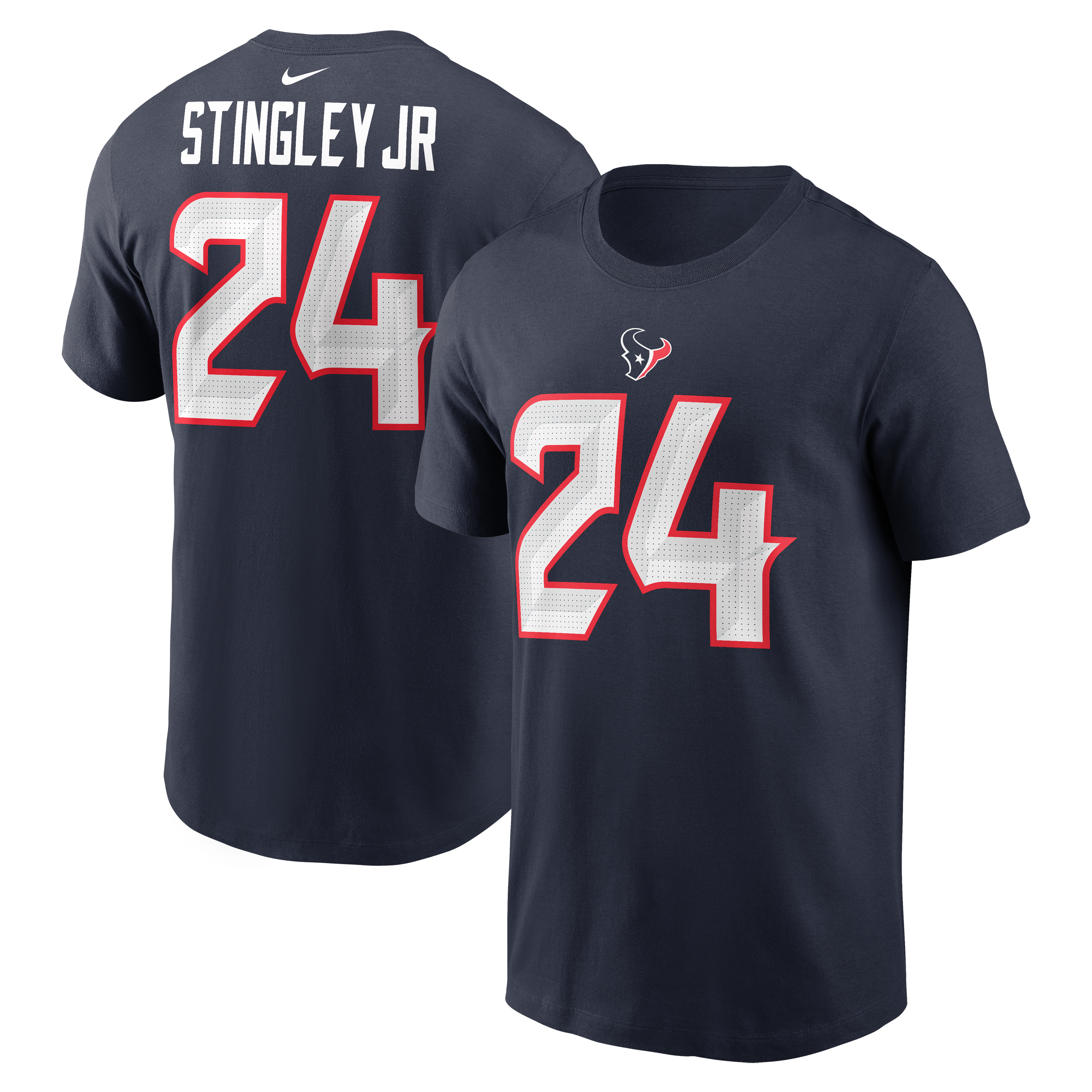T-shirt Nike pour homme Derek Stingley Jr. bleu marine des Houston Texans, avec nom et numéro