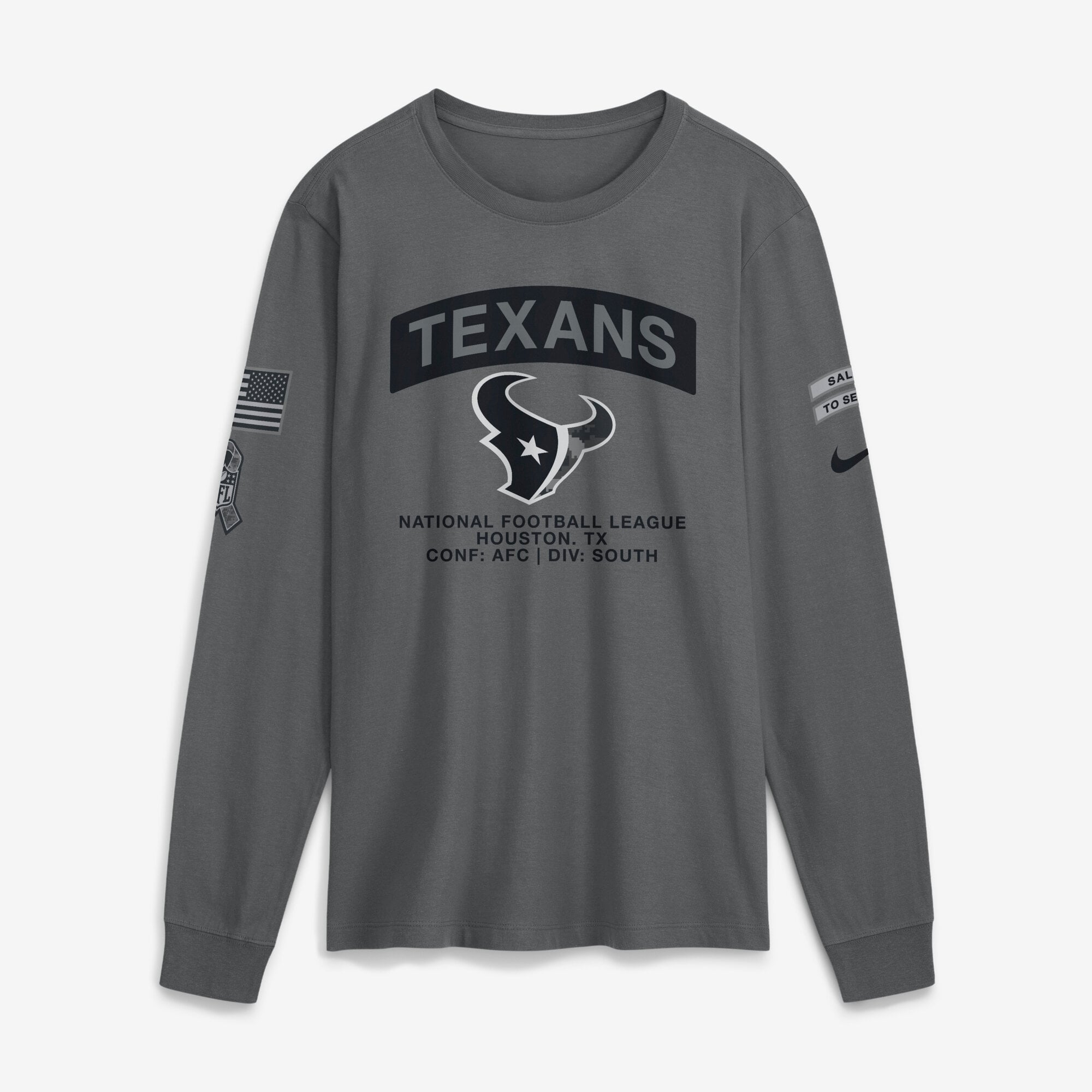 T-shirt à manches longues Nike gris Houston Texans 2026 Salute to Service pour homme