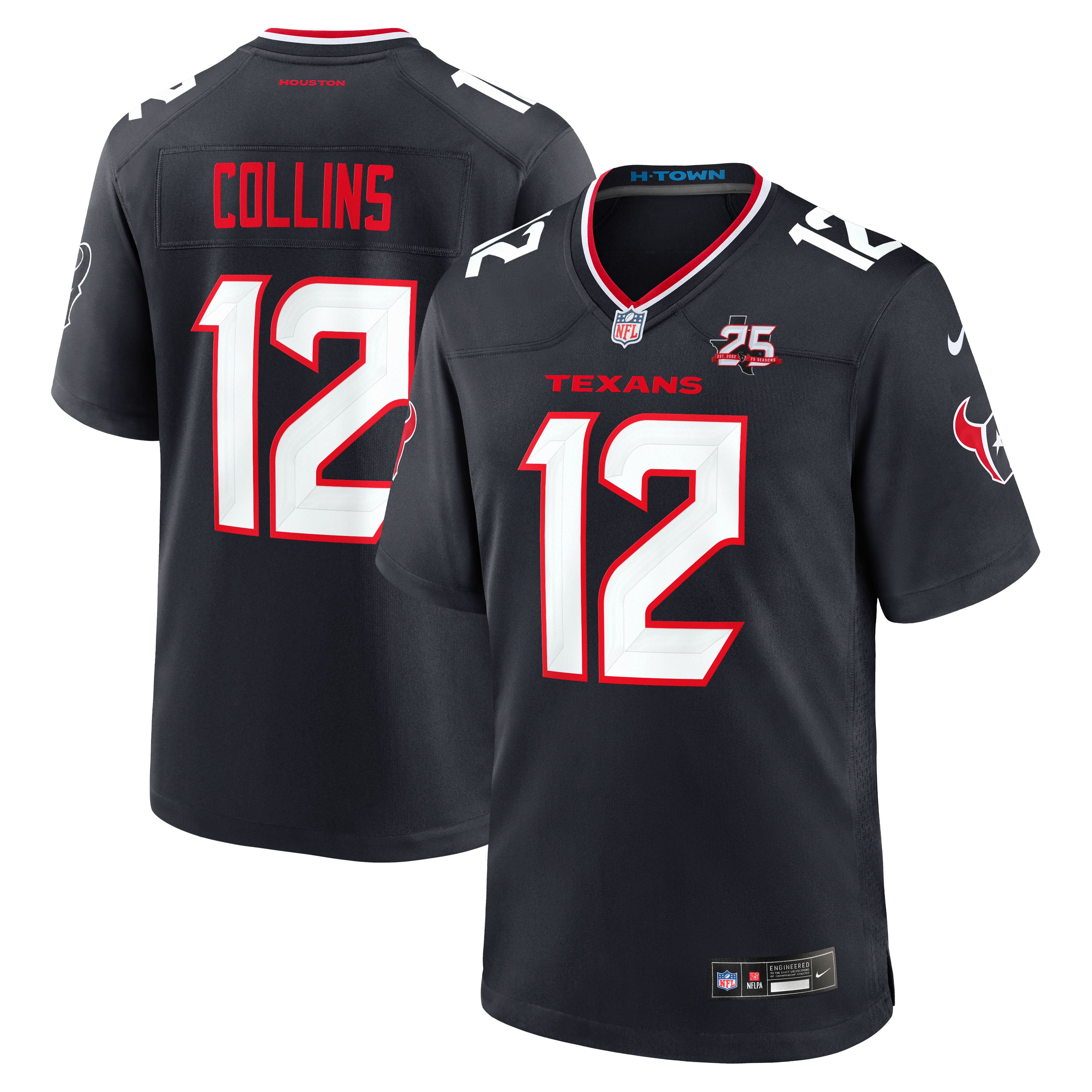 Maillot de match Nike Nico Collins bleu marine des Houston Texans pour homme, 25e saison