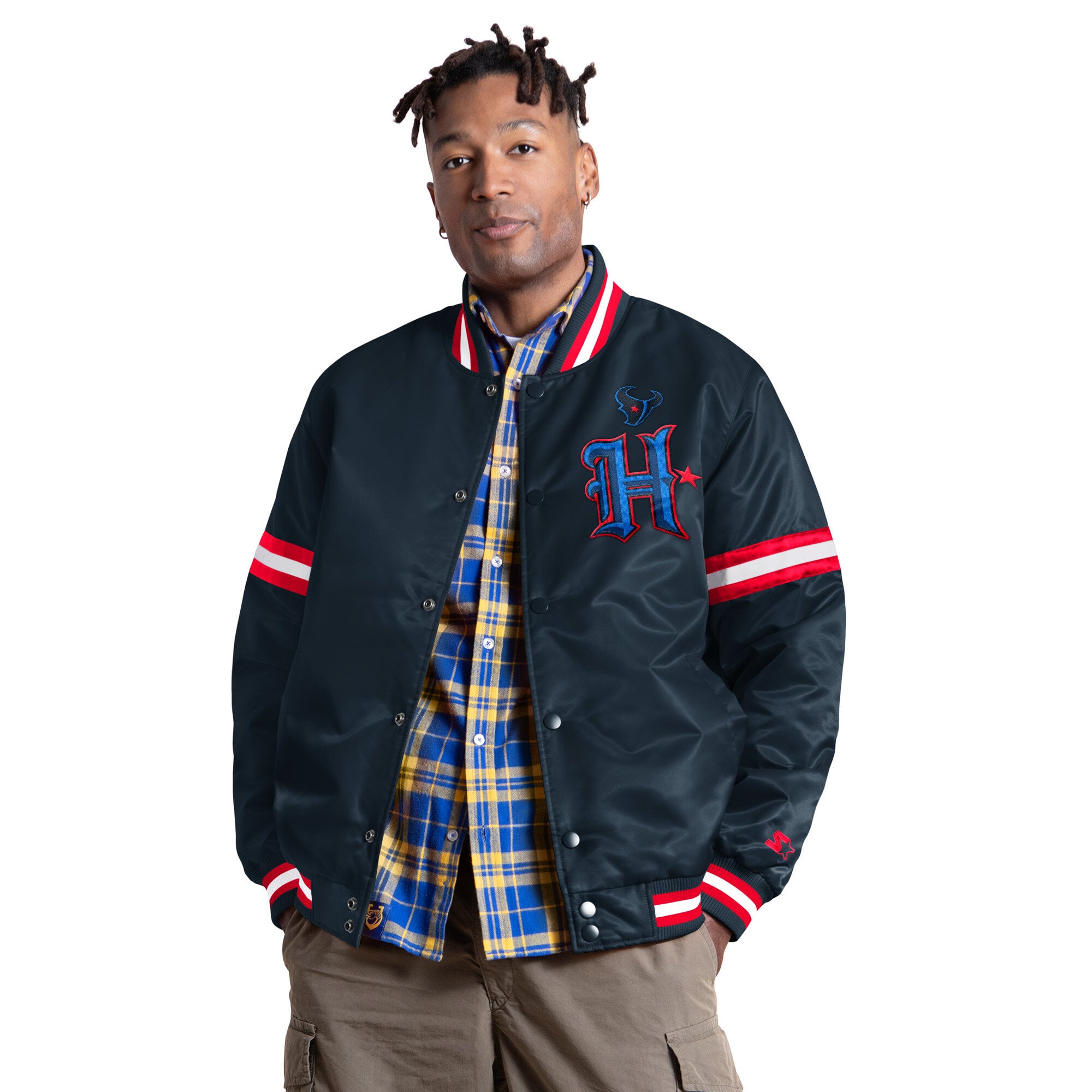 Veste universitaire Starter bleu marine pour homme, Houston Texans Courtside II, logo alternatif, fermeture à boutons-pression.