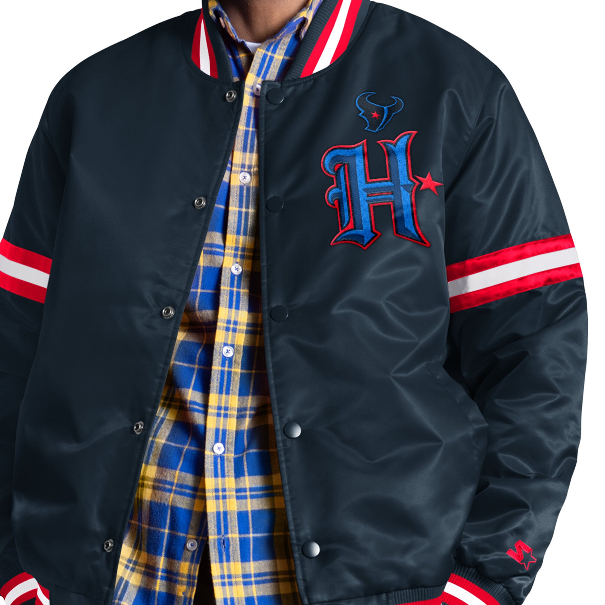 Veste universitaire Starter bleu marine pour homme, Houston Texans Courtside II, logo alternatif, fermeture à boutons-pression.
