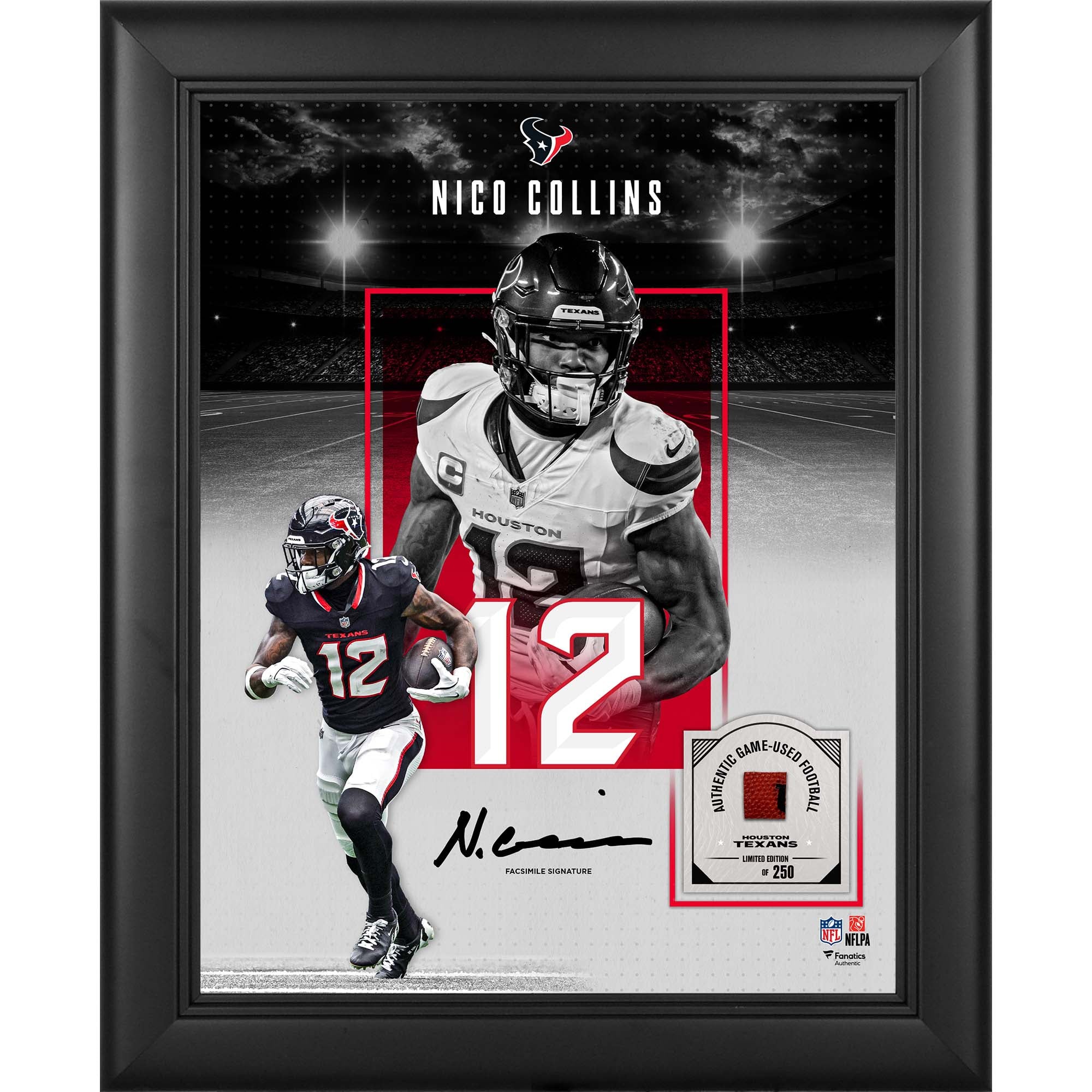 Collage encadré 11" x 14" avec la signature fac-similé de Nico Collins (Houston Texans) et un morceau de ballon de football américain utilisé en match - Édition limitée à 250 exemplaires