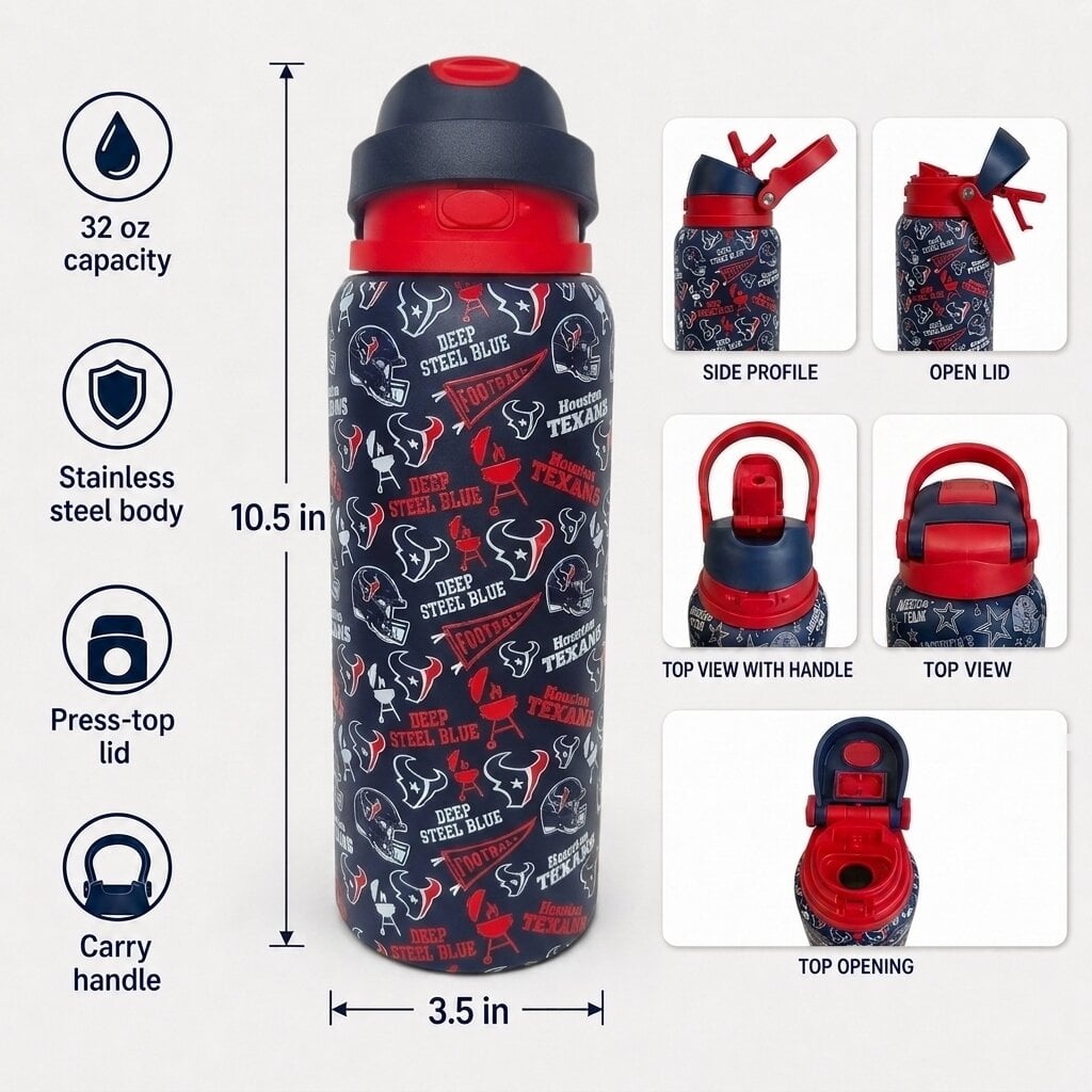 Gourde Pegasus Houston Texans 32 oz en acier inoxydable ProPress avec fanion pour les jours de match