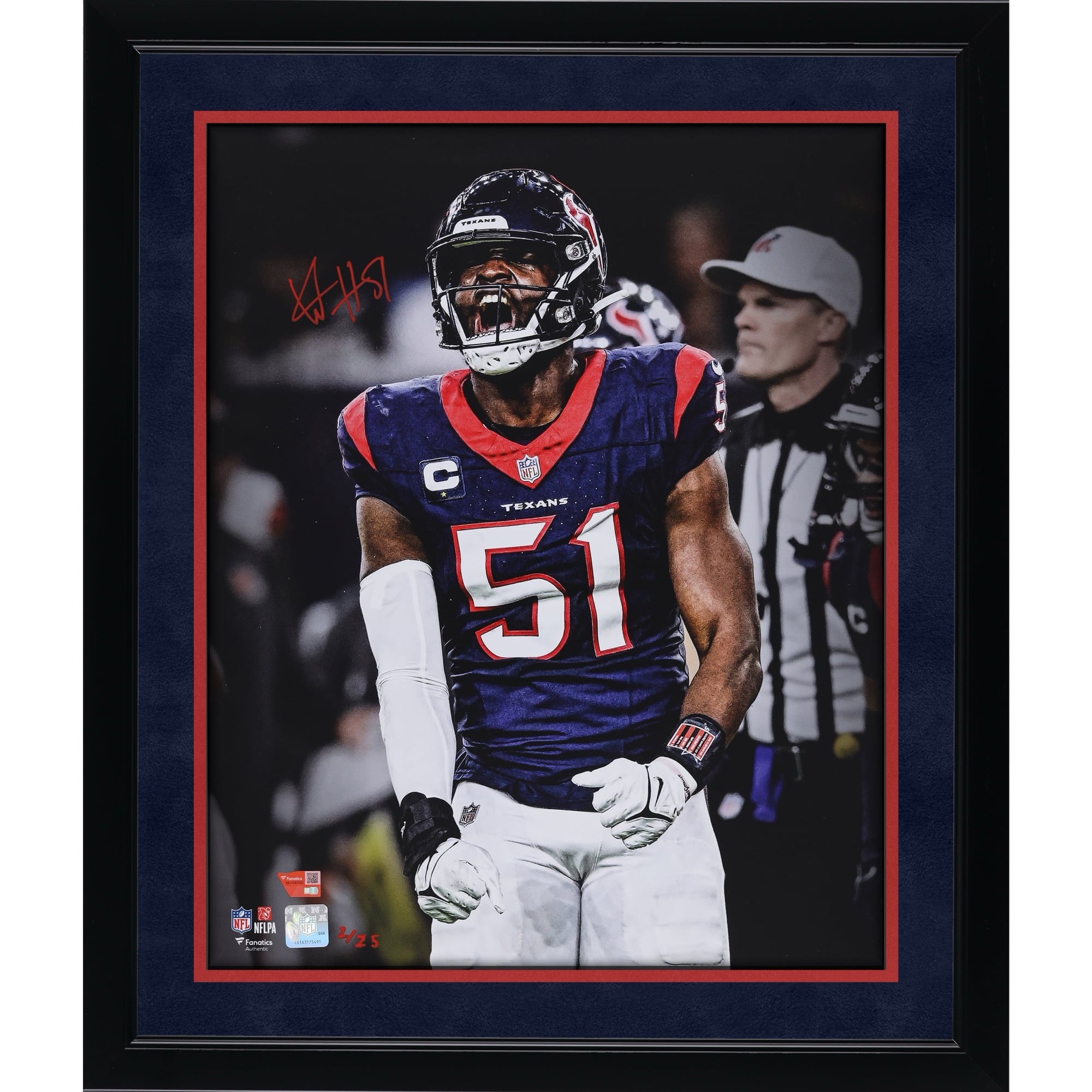 Photo dédicacée de Will Anderson Jr. (Houston Texans) - 40,6 x 50,8 cm (16 x 20 pouces) - Édition limitée à 25 exemplaires