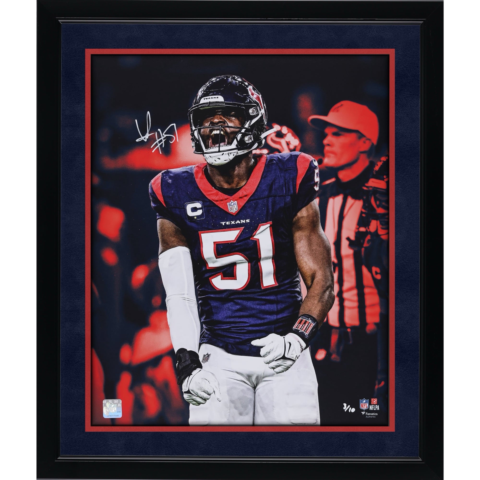 Photo dédicacée de Will Anderson Jr. (Houston Texans) - 40,6 x 50,8 cm (16 x 20 pouces) - Édition limitée à 10 exemplaires - Couleurs de l'équipe - Signature blanche