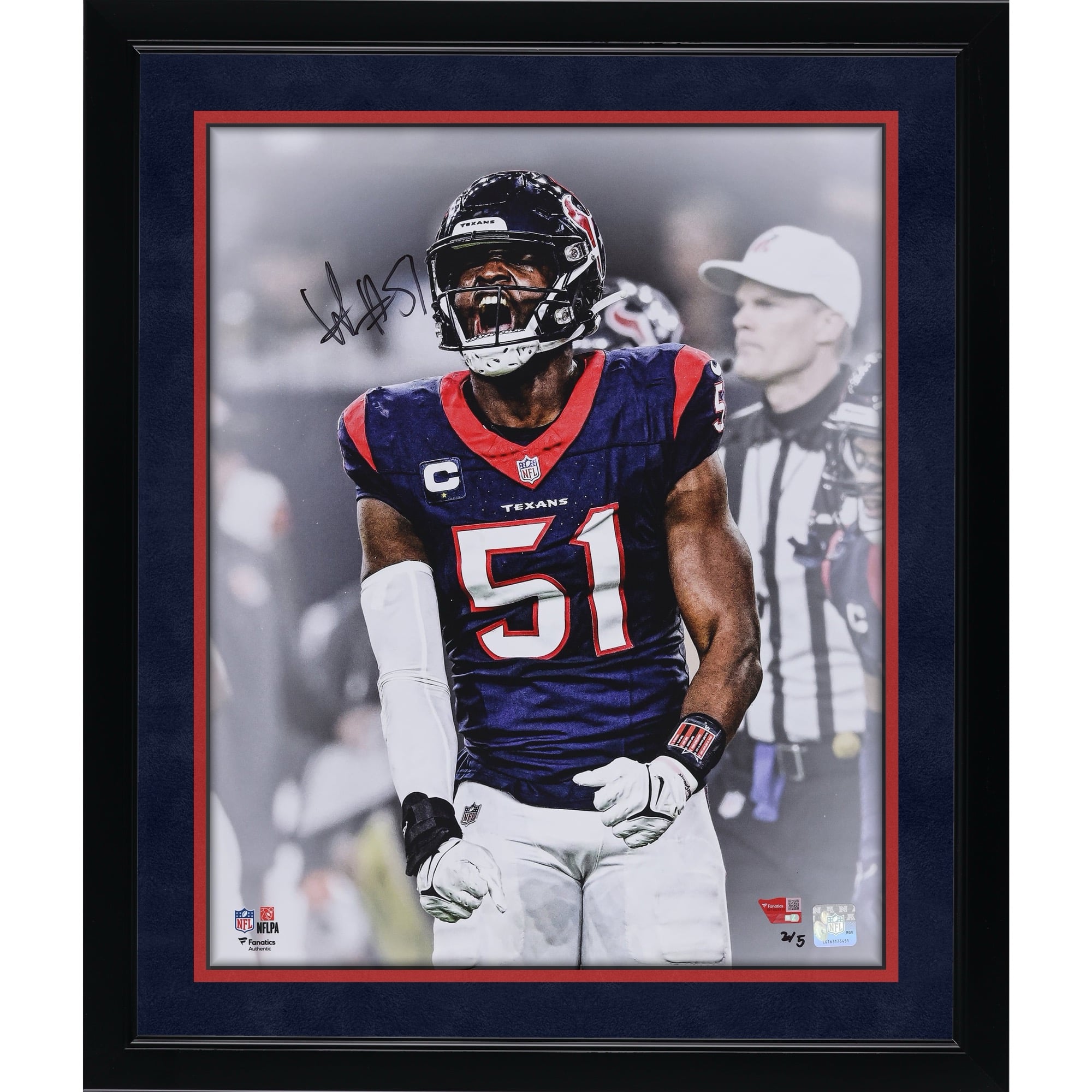 Photo dédicacée de Will Anderson Jr. (Houston Texans) - 40,6 x 50,8 cm (16 x 20 pouces) - Édition limitée à 5 exemplaires (sous projecteur blanc) avec signature noire
