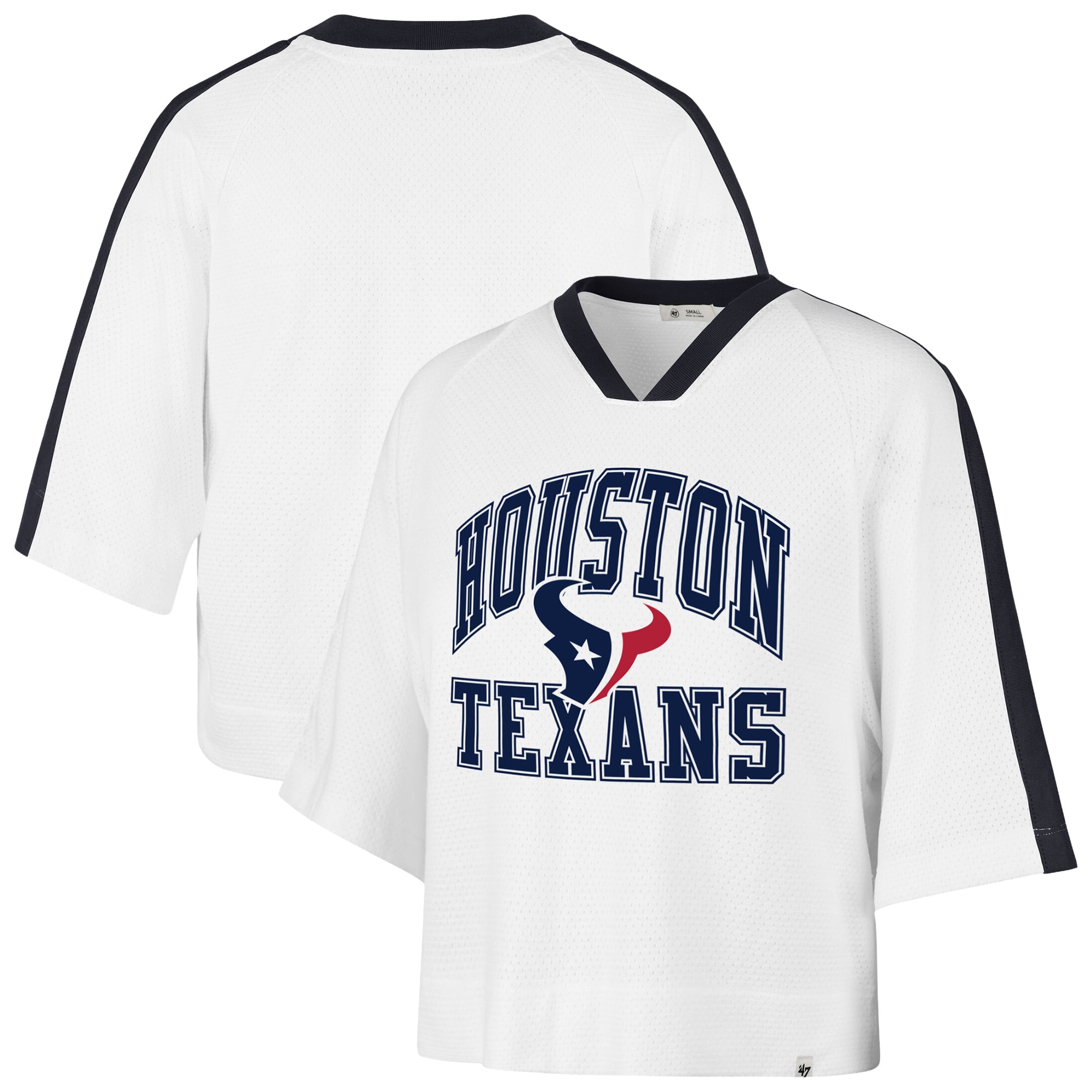 T-shirt raglan à col en V pour femme, modèle '47 blanc Houston Texans, avec aiguille pointe tombante.