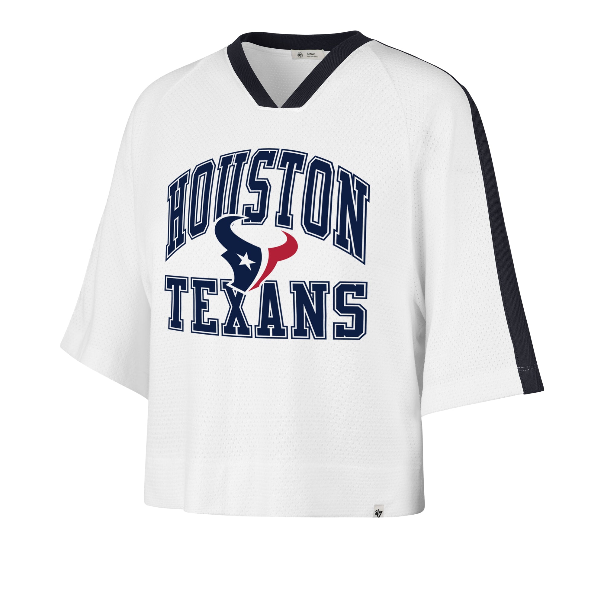 T-shirt raglan à col en V pour femme, modèle '47 blanc Houston Texans, avec aiguille pointe tombante.