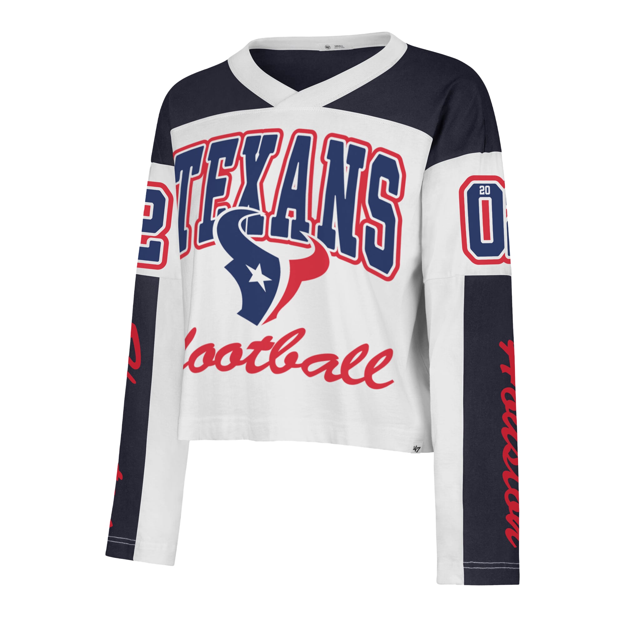 T-shirt à manches longues et col en V blanc Houston Texans '47 pour femme