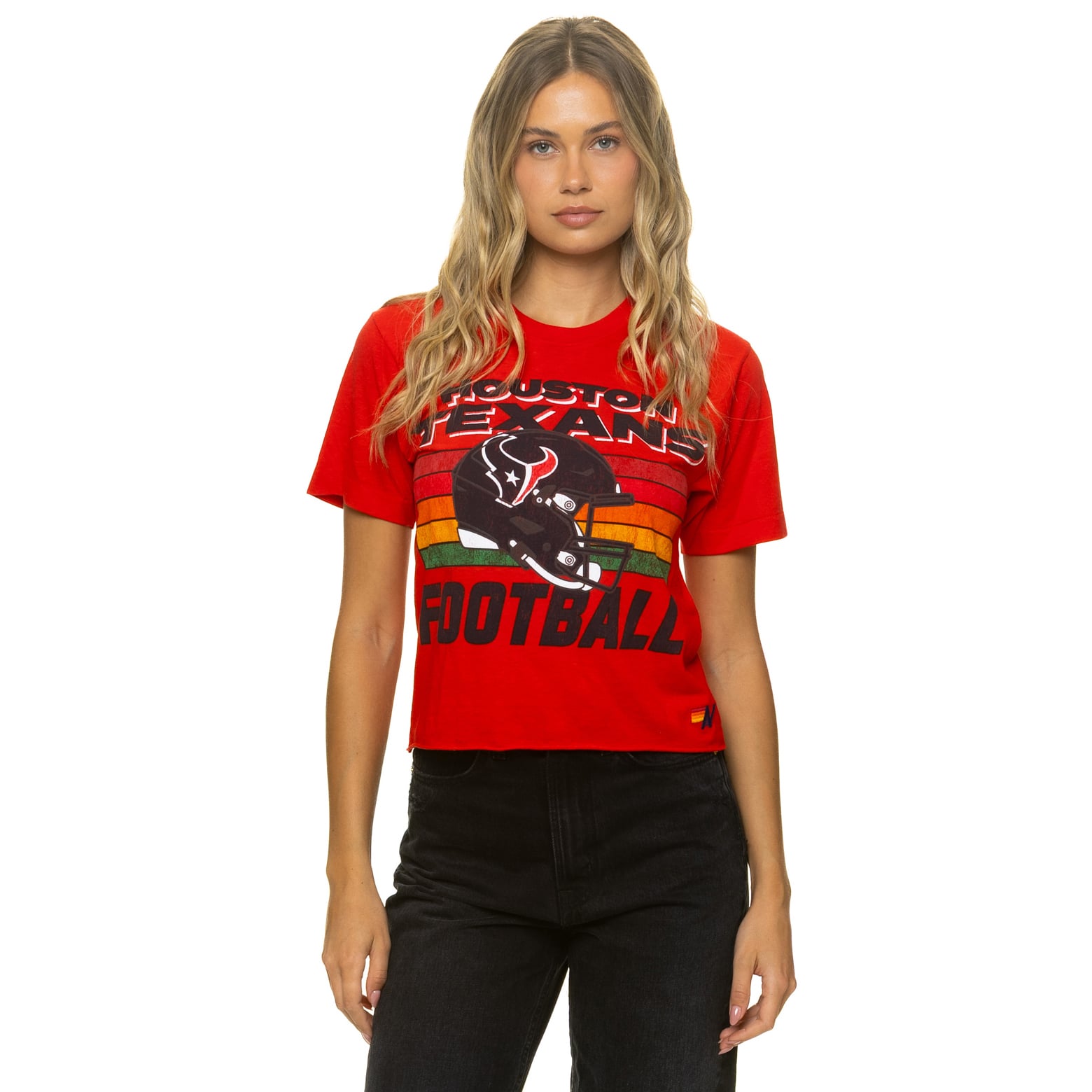 T-shirt Aviator Nation rouge pour femme, Houston Texans, coupe carrée, mélange de trois matières