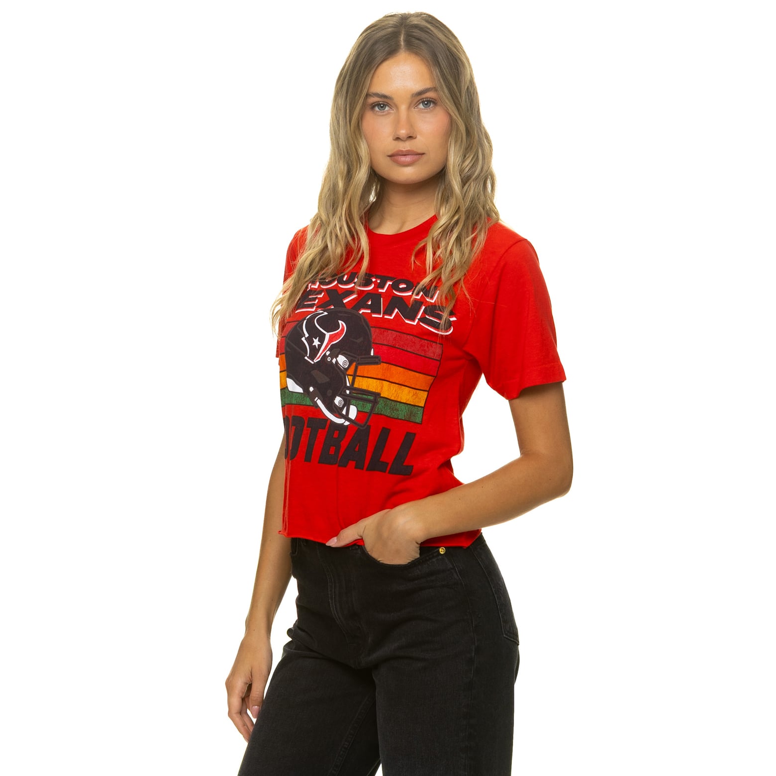 T-shirt Aviator Nation rouge pour femme, Houston Texans, coupe carrée, mélange de trois matières
