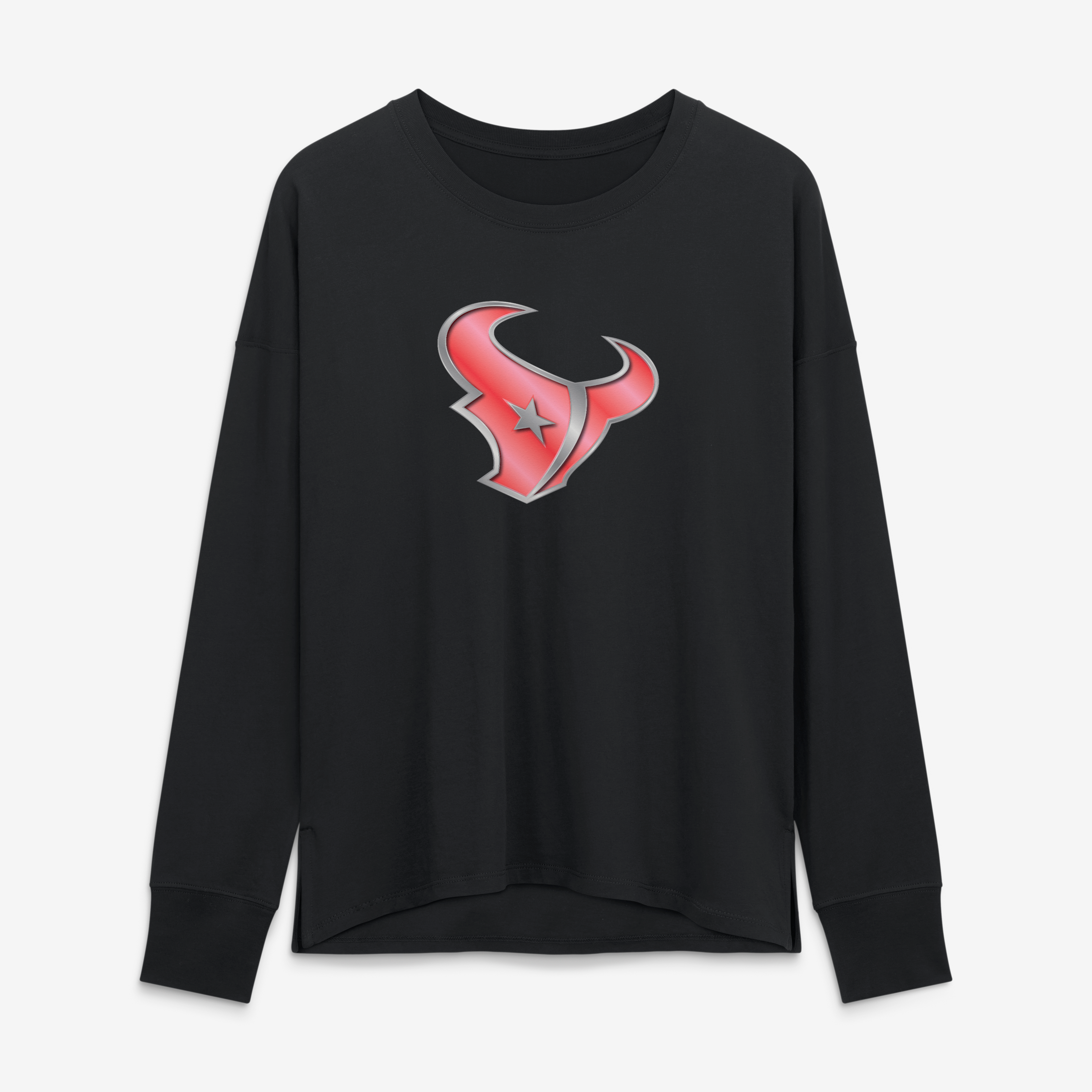 T-shirt à manches longues noir pour femmes avec mascotte métallique des Houston Texans