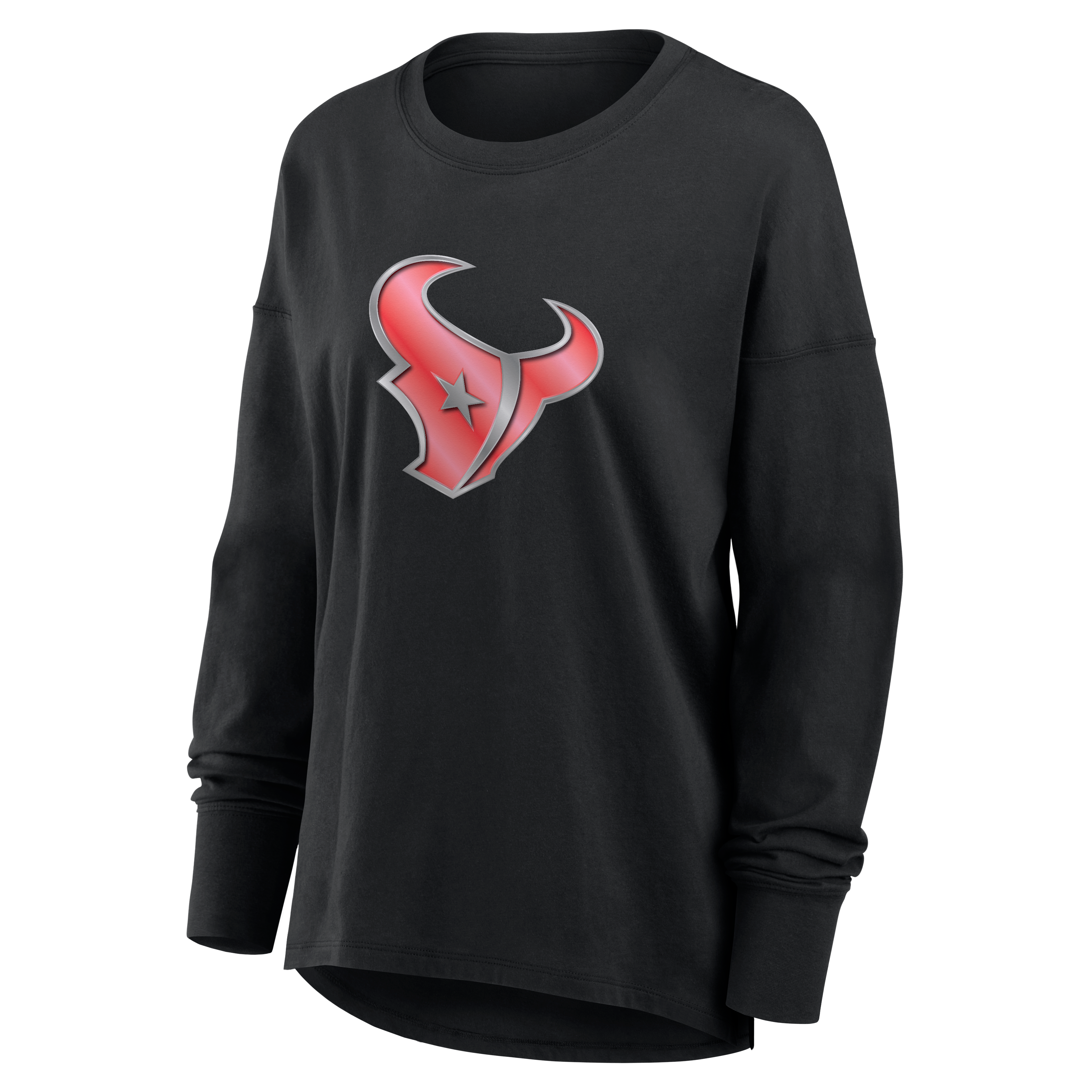 T-shirt à manches longues noir pour femmes avec mascotte métallique des Houston Texans