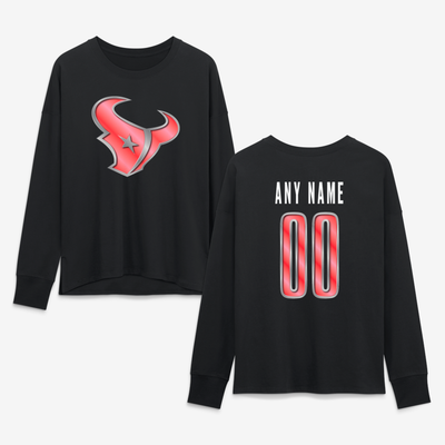 Houston Texans Women's Metallic Mascot Personalized Name & Number Long Sleeve T-Shirt - Black