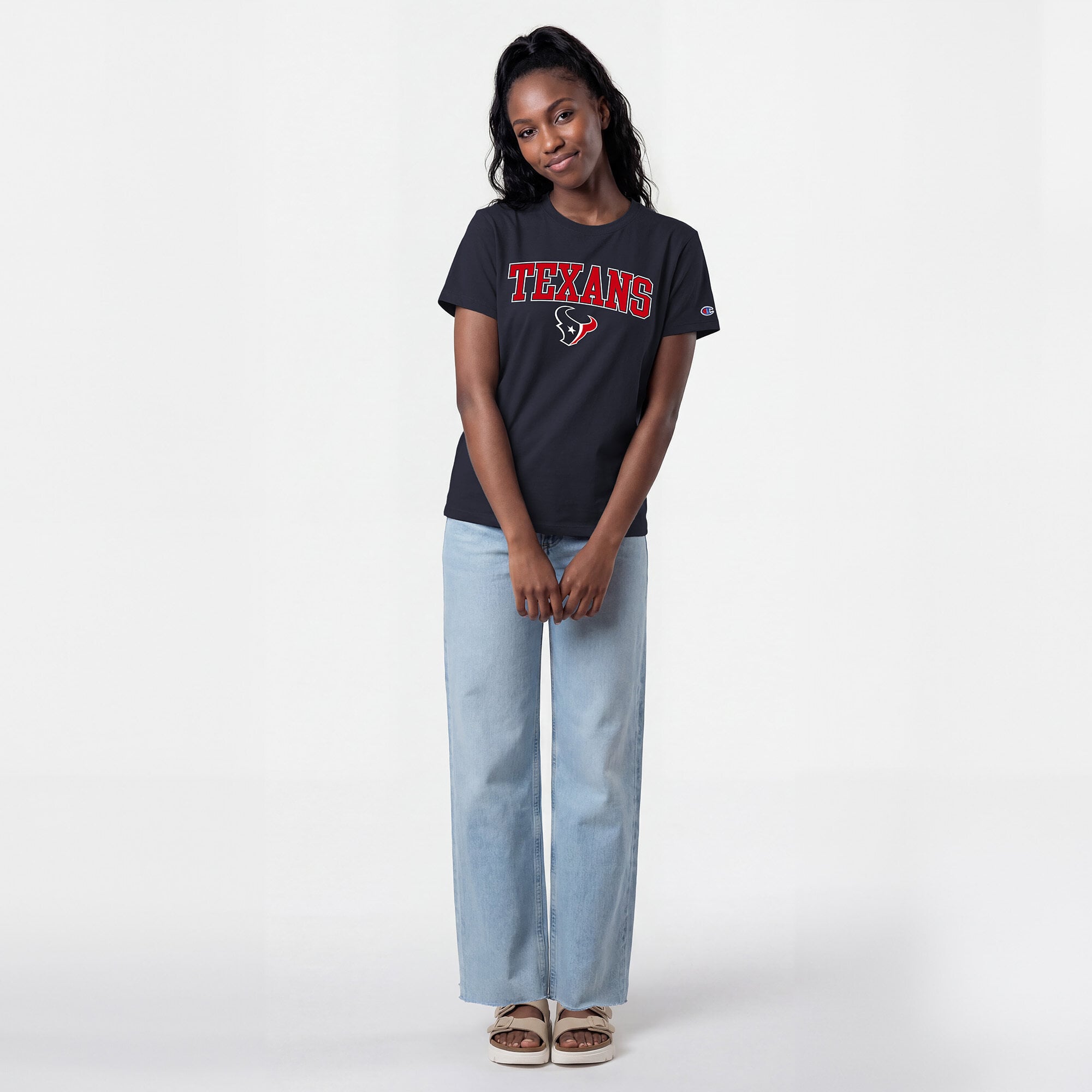 Women's Champion Navy Houston Texans Arched Over Logo T-Shirt