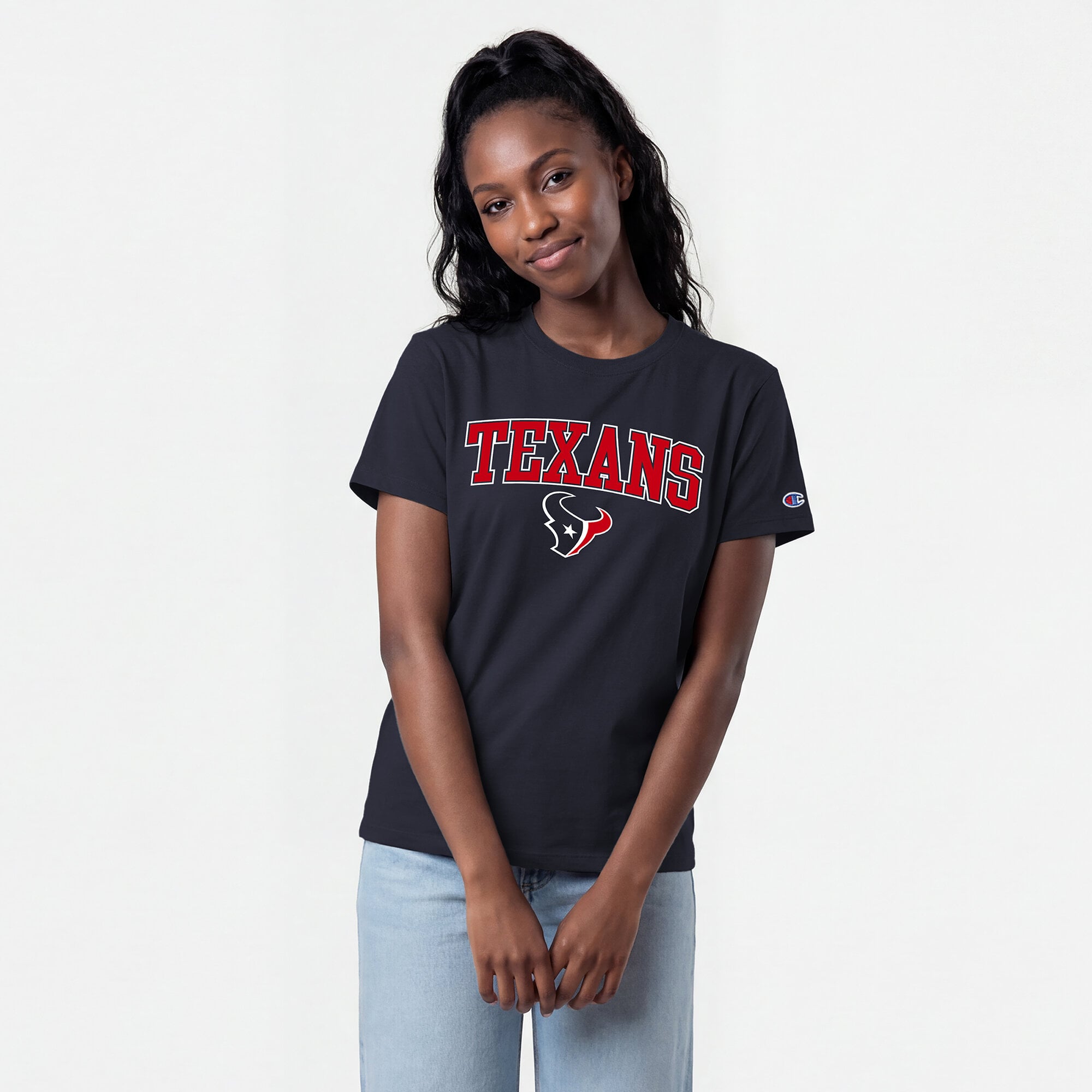Women's Champion Navy Houston Texans Arched Over Logo T-Shirt