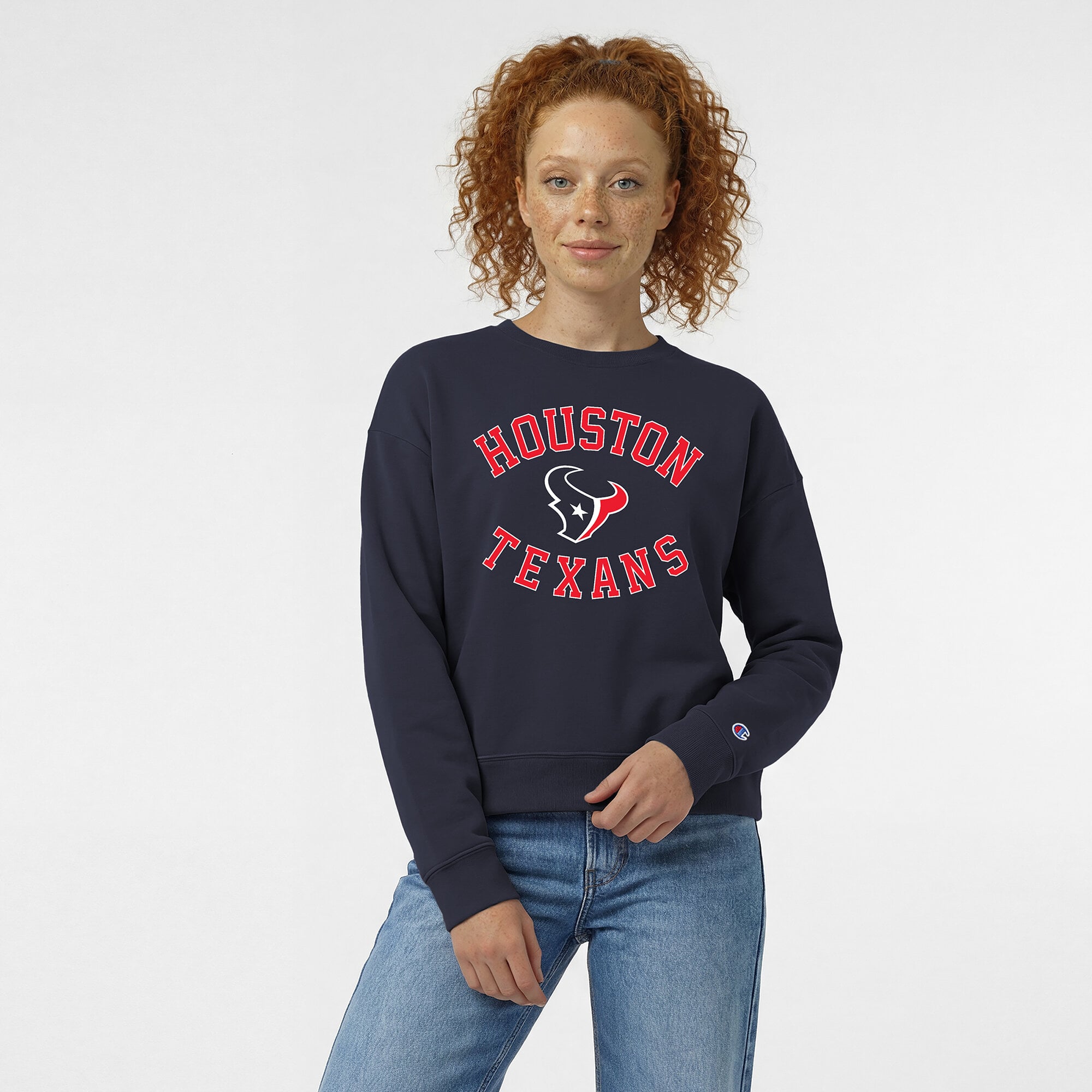 Women's Champion  Navy Houston Texans Heart & Soul Powerblend Sweatshirt