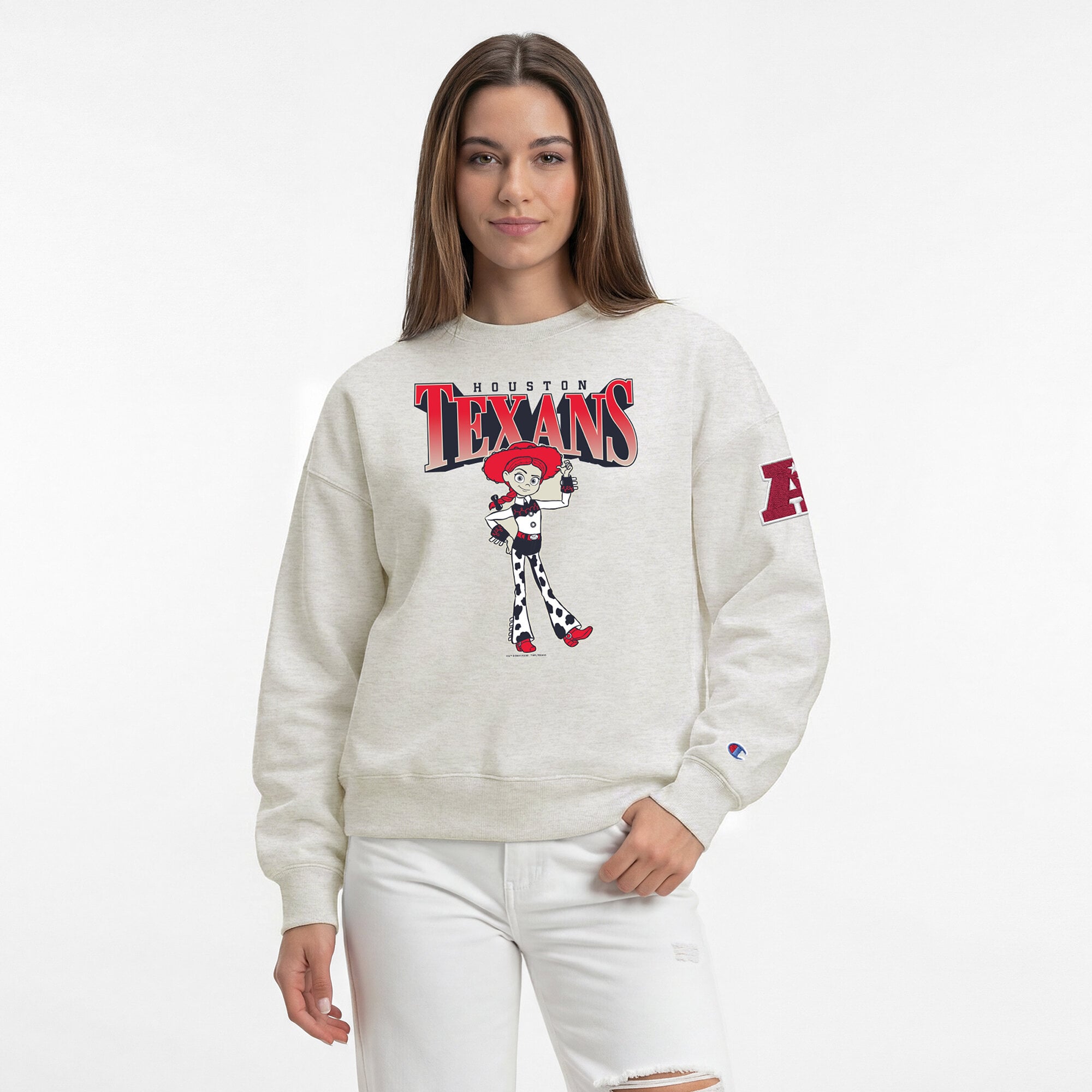Sweat-shirt polaire à col rond Disney x Champion couleur avoine Houston Texans All-Star pour femme