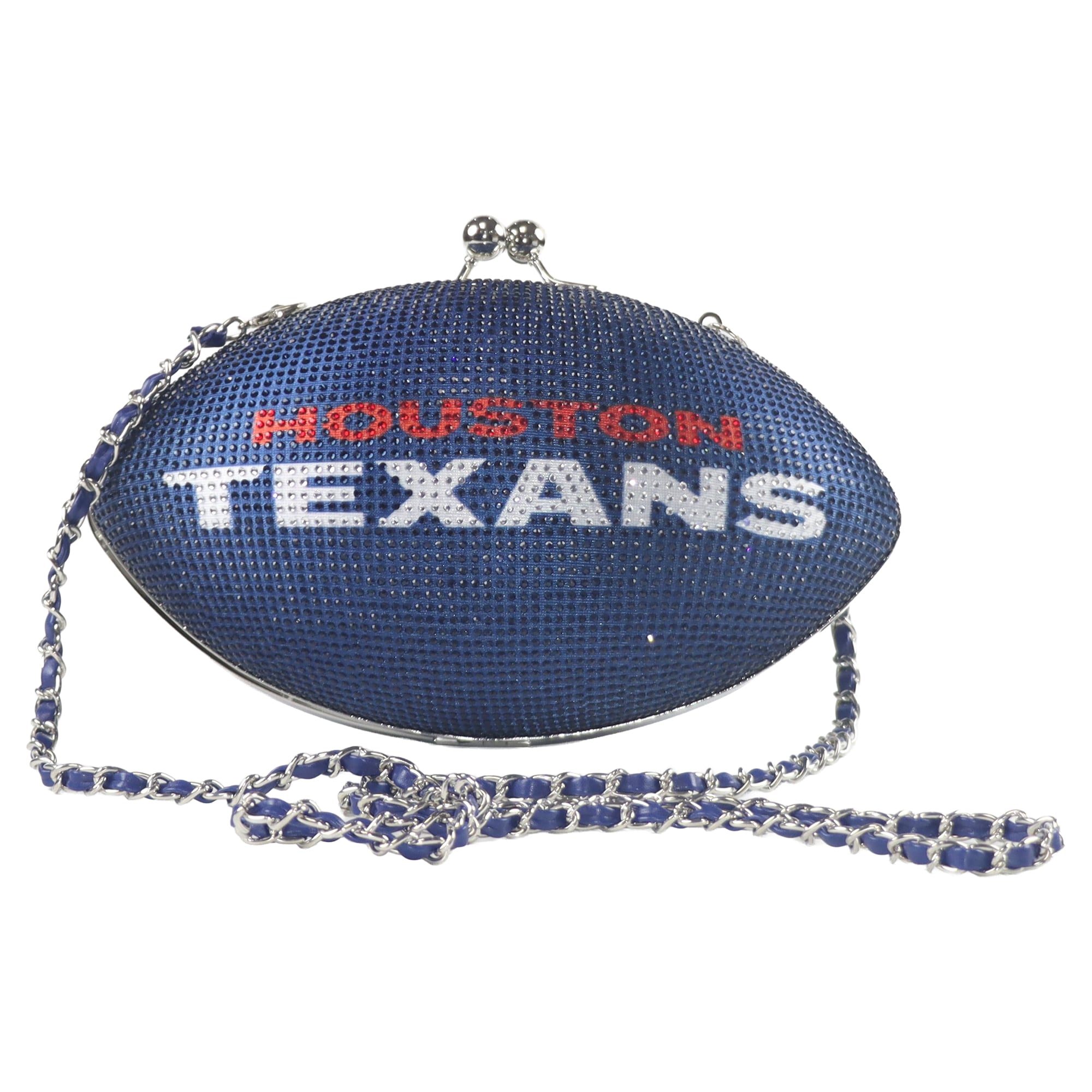 Sac à main FABGATING by Cuce pour femme, couleur bleu marine, en forme de ballon de football américain, orné de cristaux, aux couleurs de l'équipe des Houston Texans.