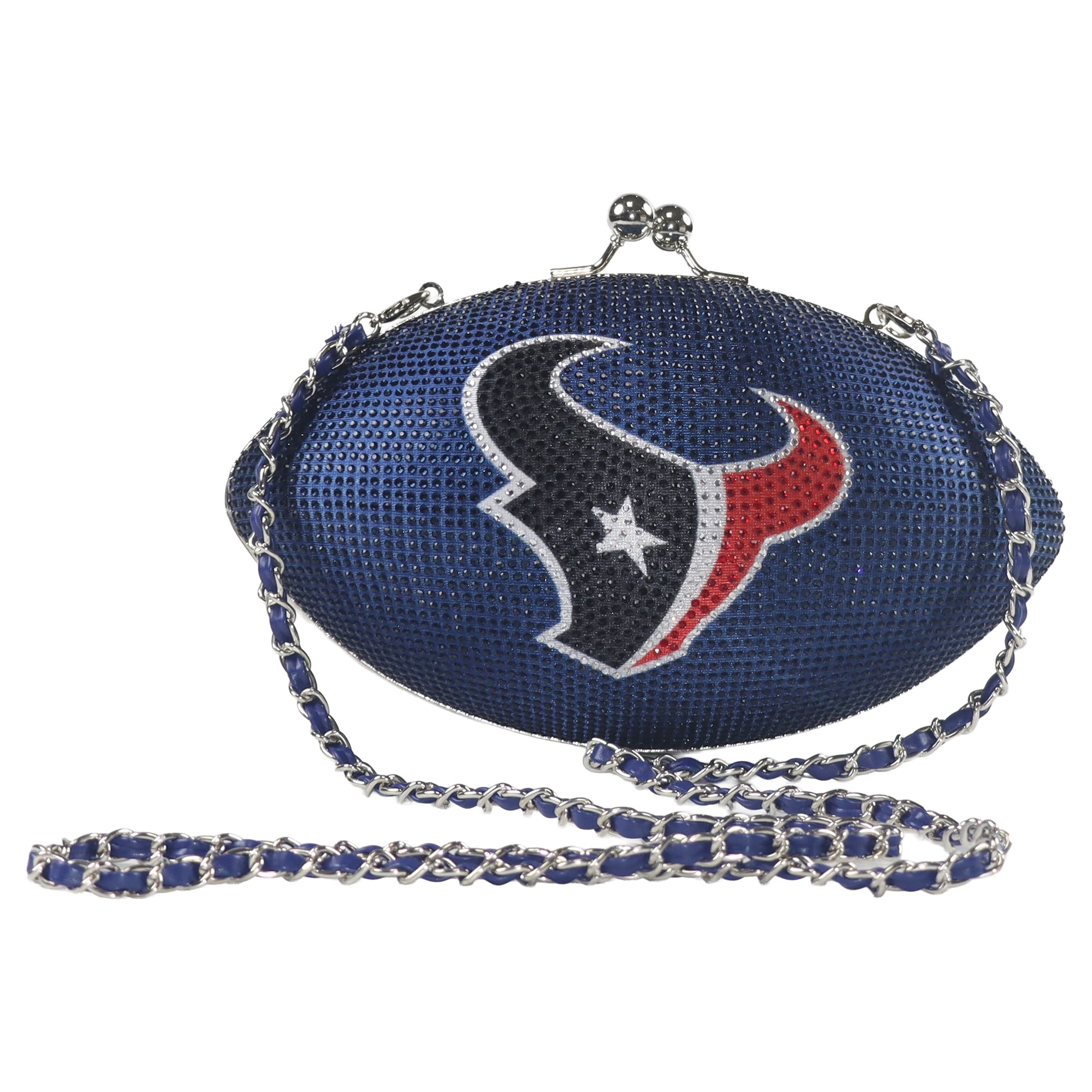 Sac à main FABGATING by Cuce pour femme, couleur bleu marine, en forme de ballon de football américain, orné de cristaux, aux couleurs de l'équipe des Houston Texans.