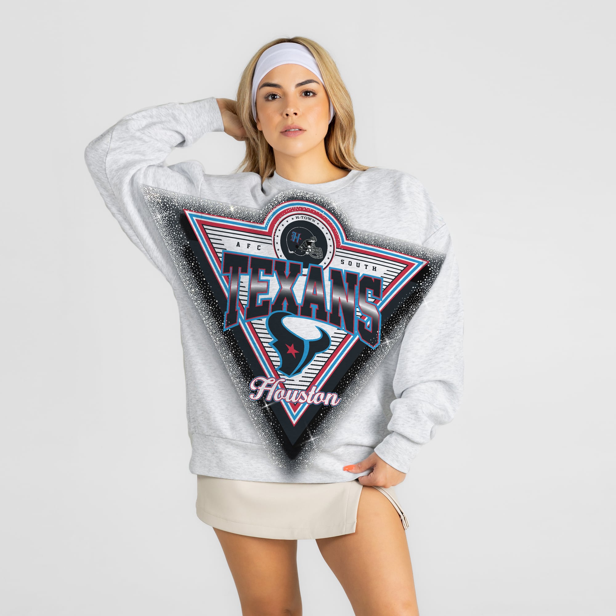 Women's Gameday Couture Ash Houston Texans Chasing Victory Rhinestone Spray Oversized Fleece Sweatshirt