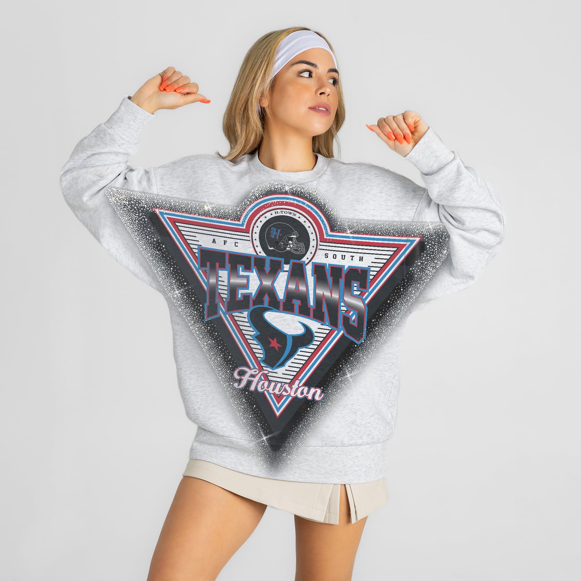 Women's Gameday Couture Ash Houston Texans Chasing Victory Rhinestone Spray Oversized Fleece Sweatshirt