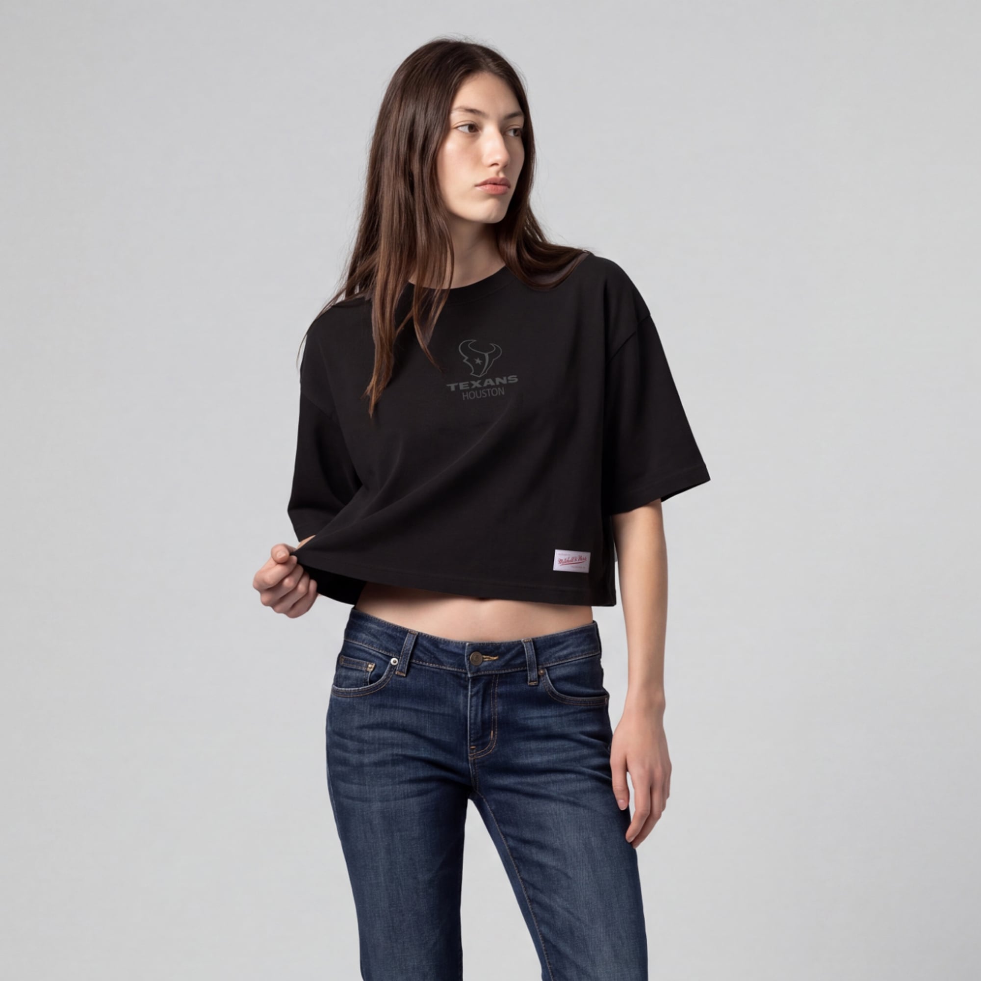 Women's Mitchell & Ness Black Houston Texans Core Essentials Micro Logo Boxy Crop T-Shirt