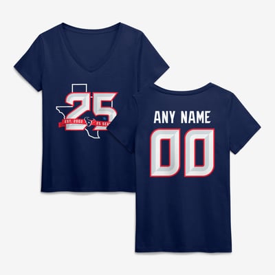 Houston Texans Women's 25th Season Personalized Name & Number V-Neck T-Shirt - Navy