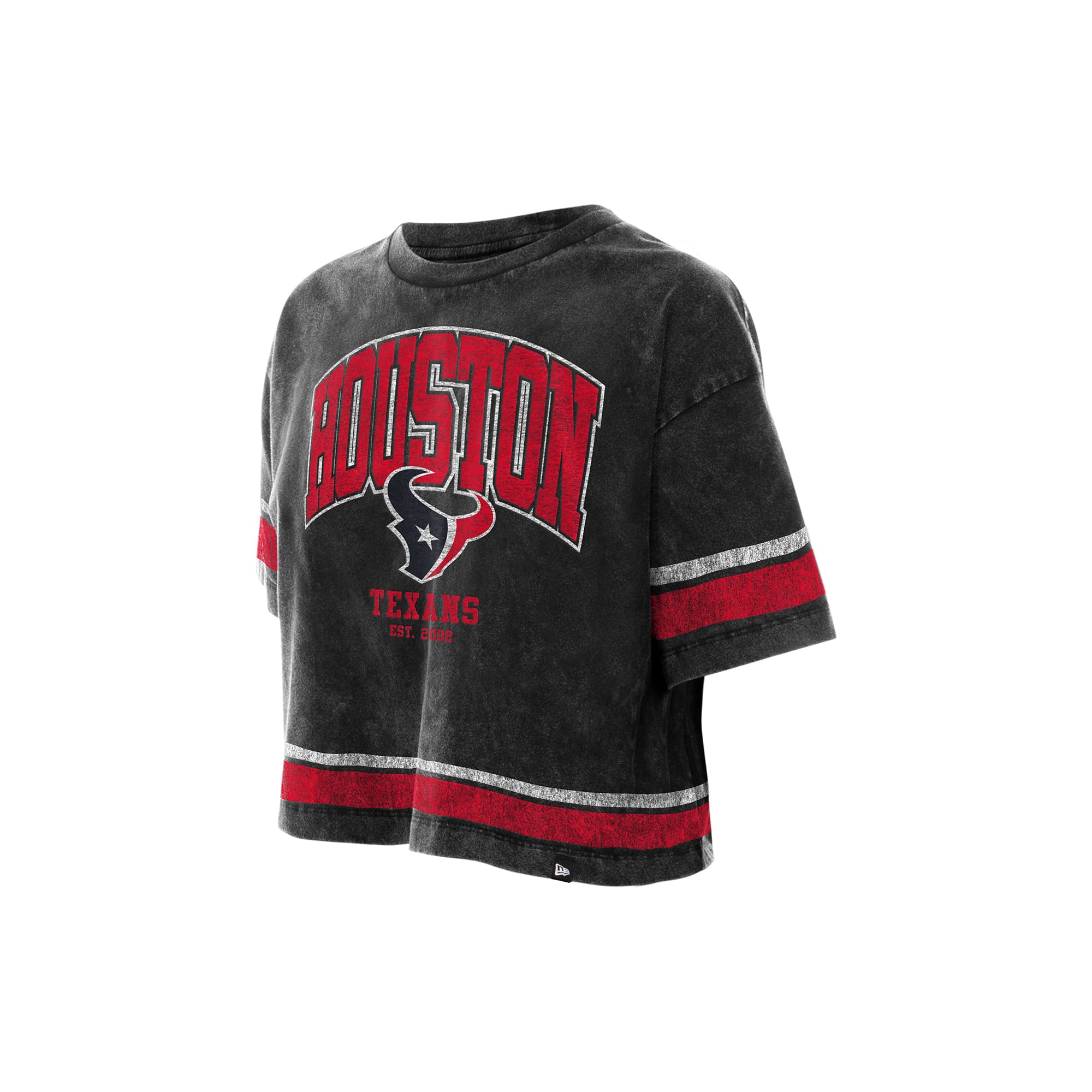 T-shirt court New Era noir pour femme, Houston Texans, style délavé minéral, coupe carrée