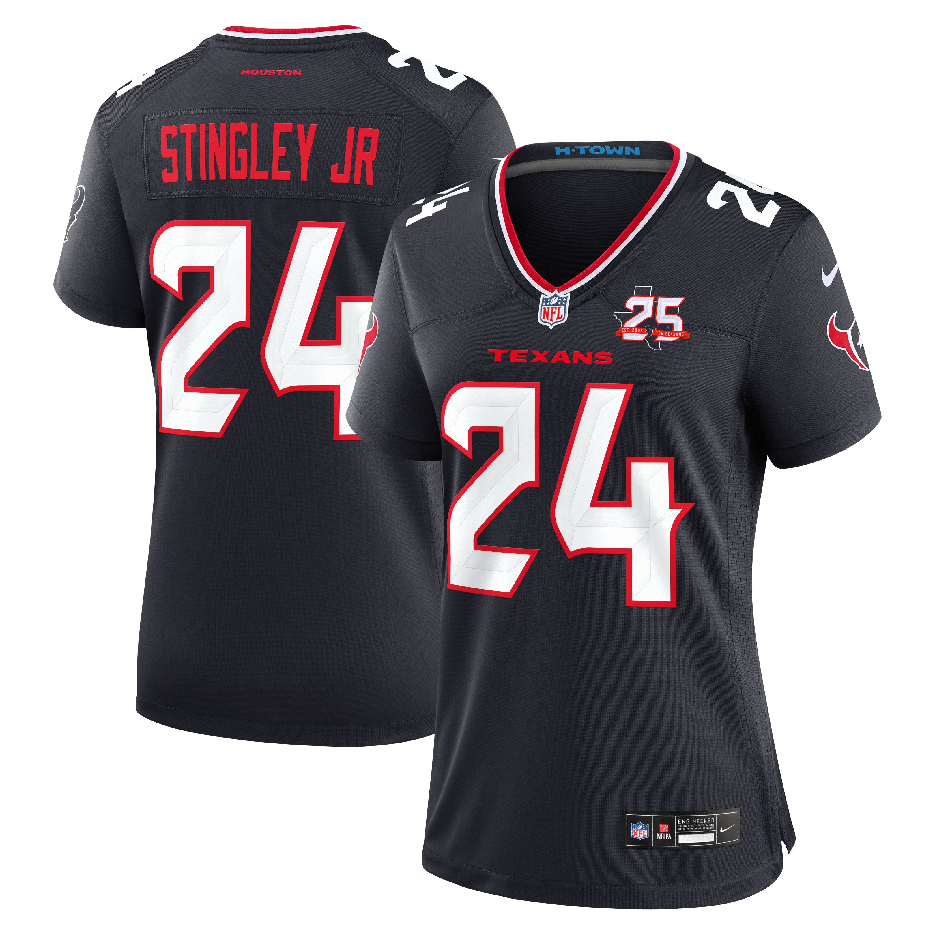 Maillot Nike Derek Stingley Jr. bleu marine des Houston Texans pour femme, commémorant la 25e saison de l'équipe
