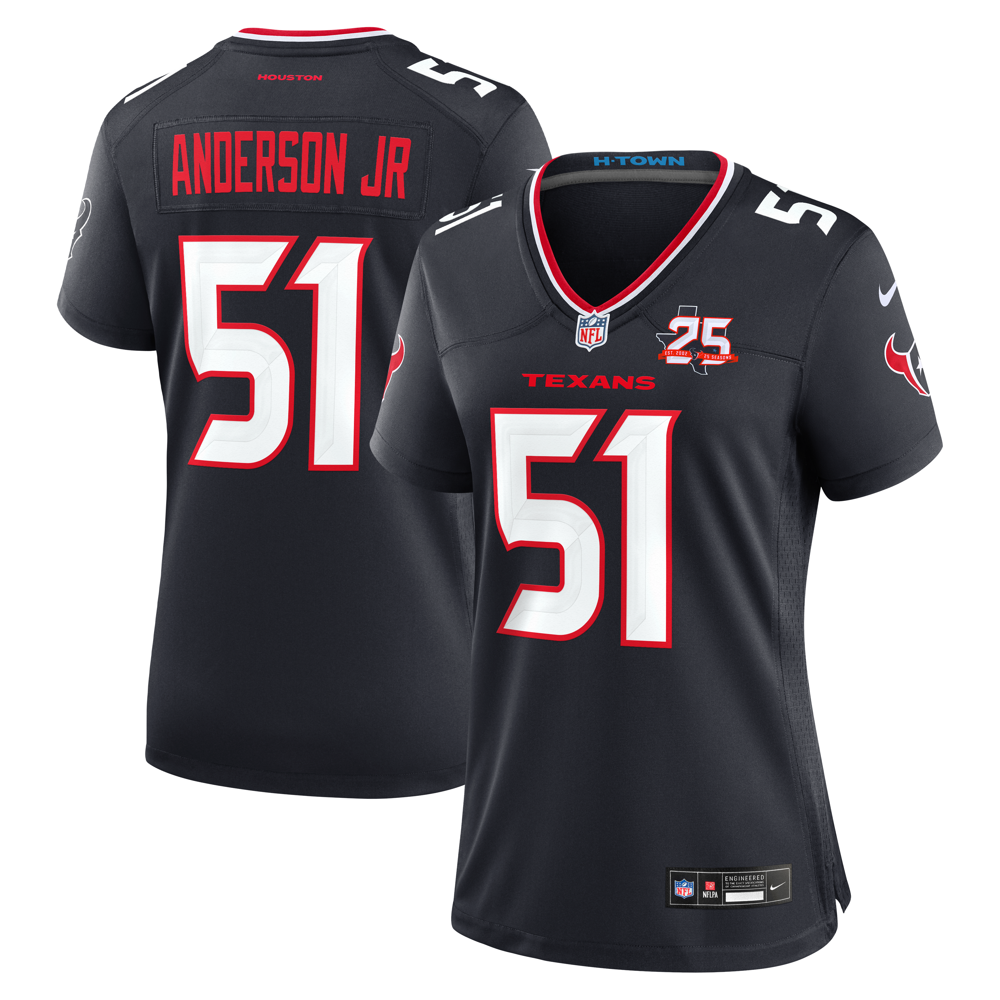 Maillot de match Nike Will Anderson Jr. bleu marine des Houston Texans pour femme, commémorant la 25e saison l'équipe