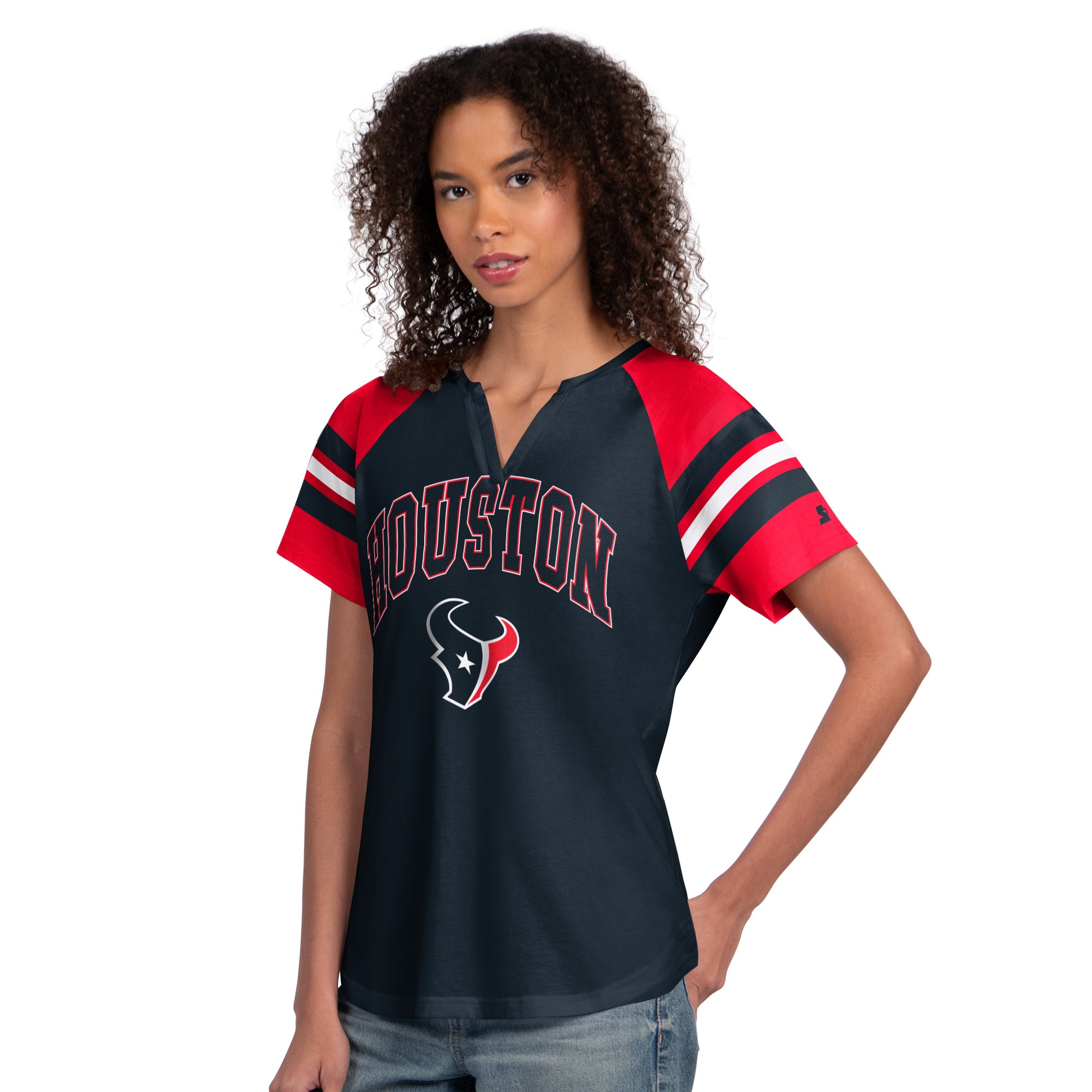 T-shirt raglan à col cranté Starter Navy pour femmes, Houston Texans.