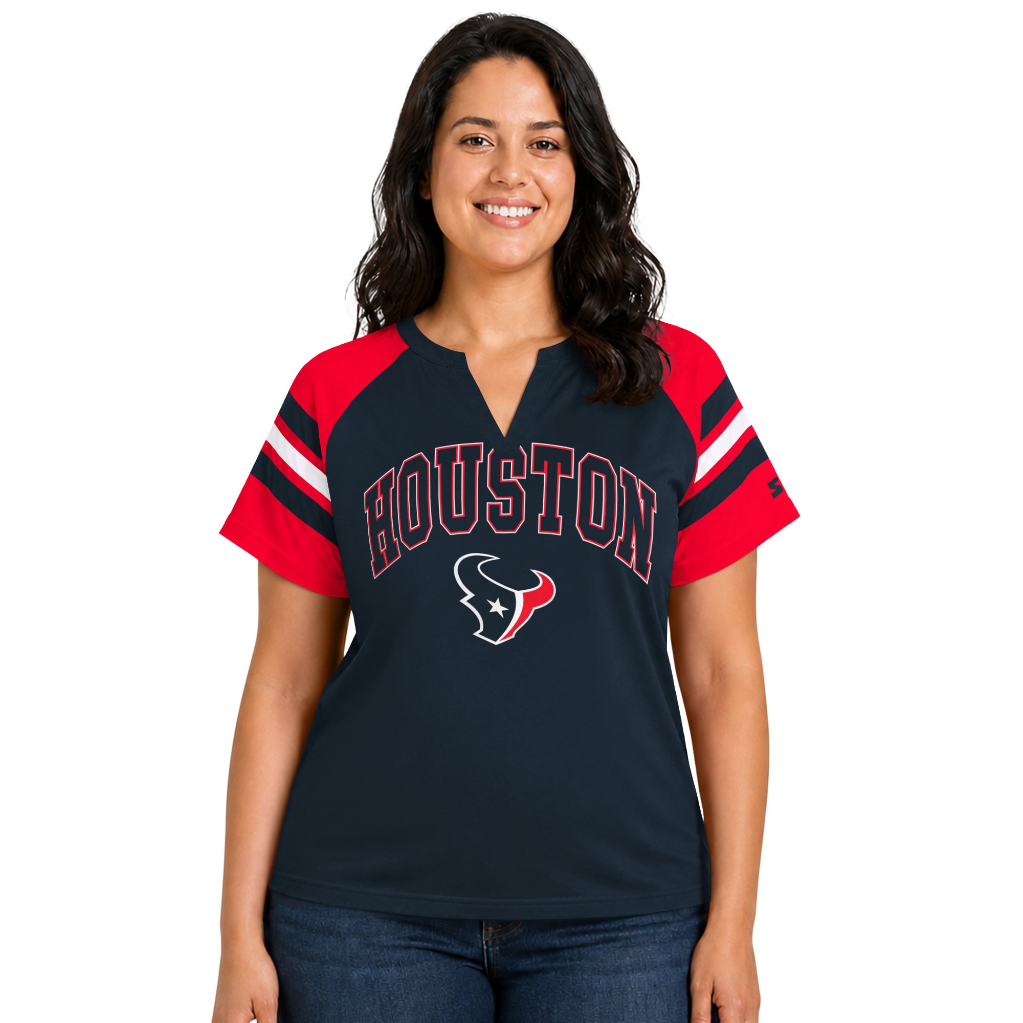 T-shirt raglan à col cranté Starter Navy Houston Texans pour femme, grande taille