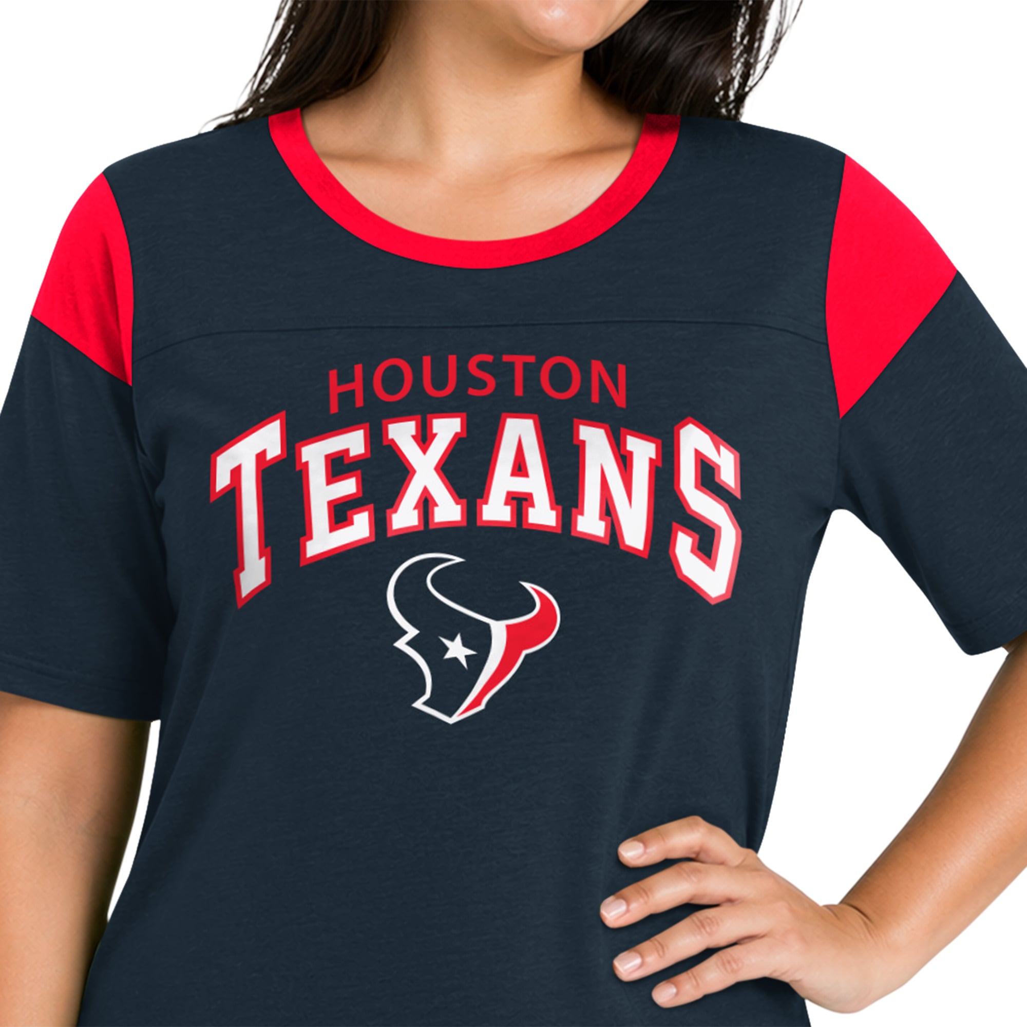 T-shirt Starter Navy Houston Texans pour femme, grande taille, style linebacker, en jersey flammé.