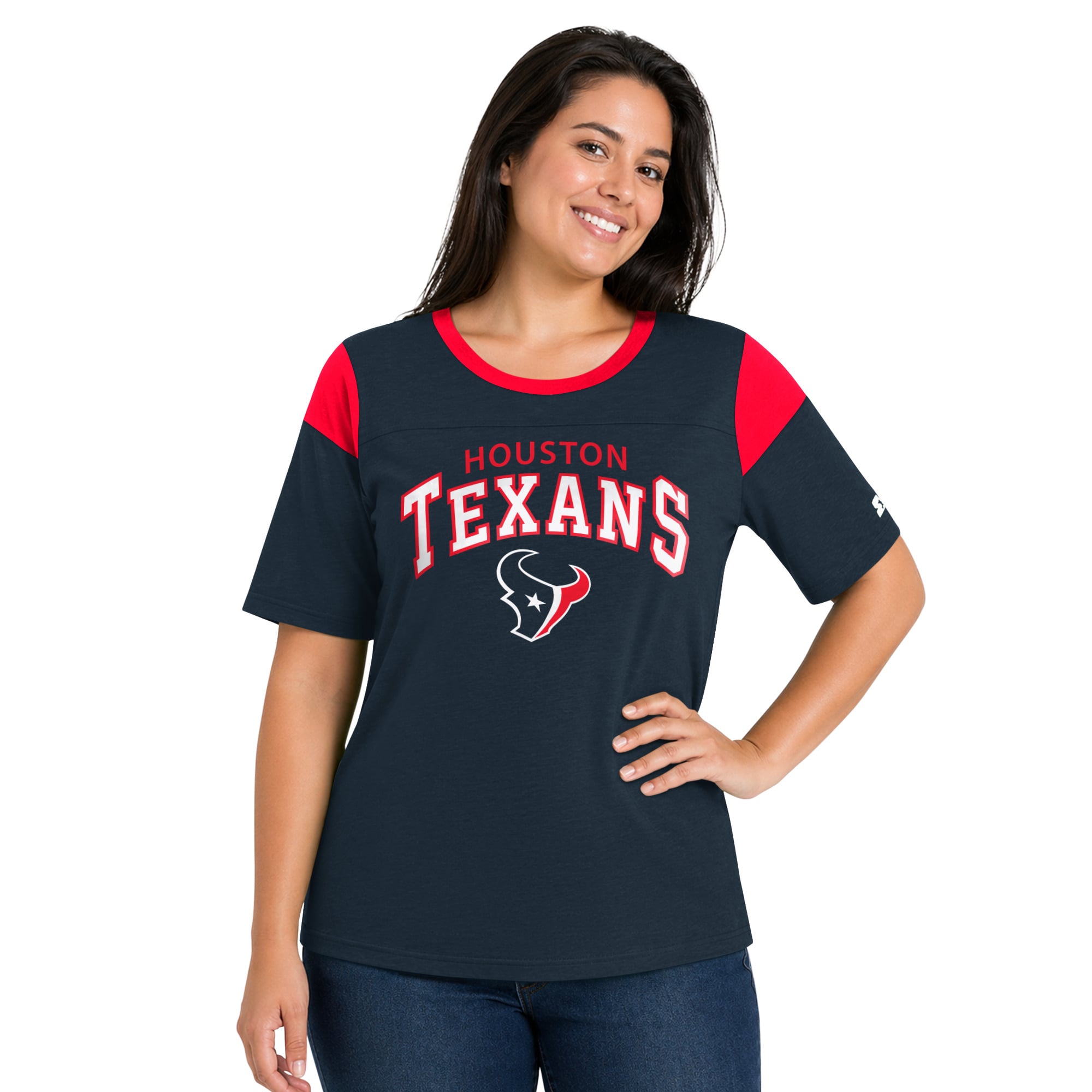 T-shirt Starter Navy Houston Texans pour femme, grande taille, style linebacker, en jersey flammé.