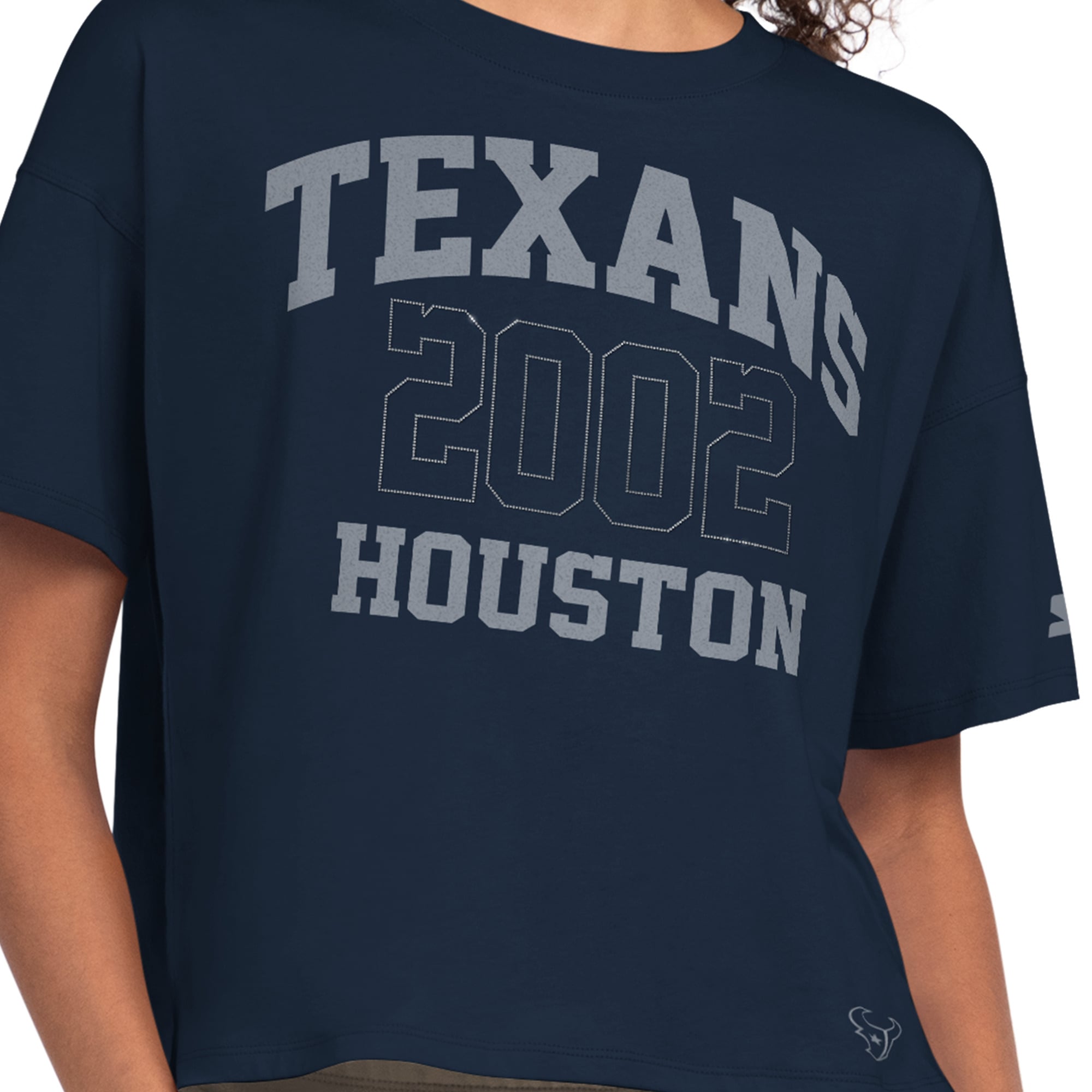 Women's Starter Navy Houston Texans Rhinestone Boxy Cropped T-Shirt